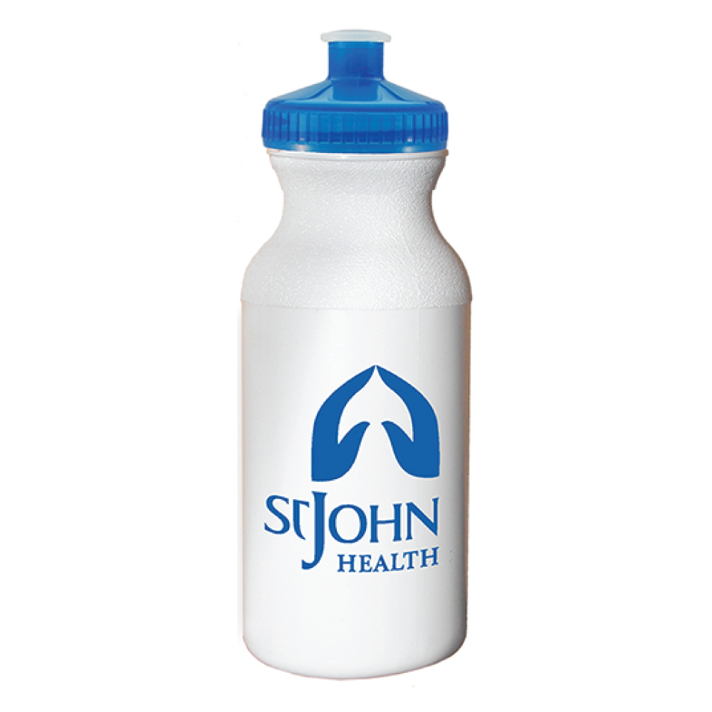 20 oz Economy White Bike Bottle with Translucent Blue 53mm Push Pull Lid