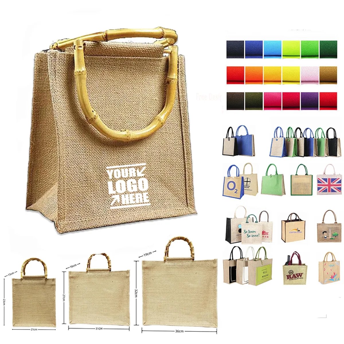 Reusable Jute Shopping Tote Bag with Bamboo Handles 3