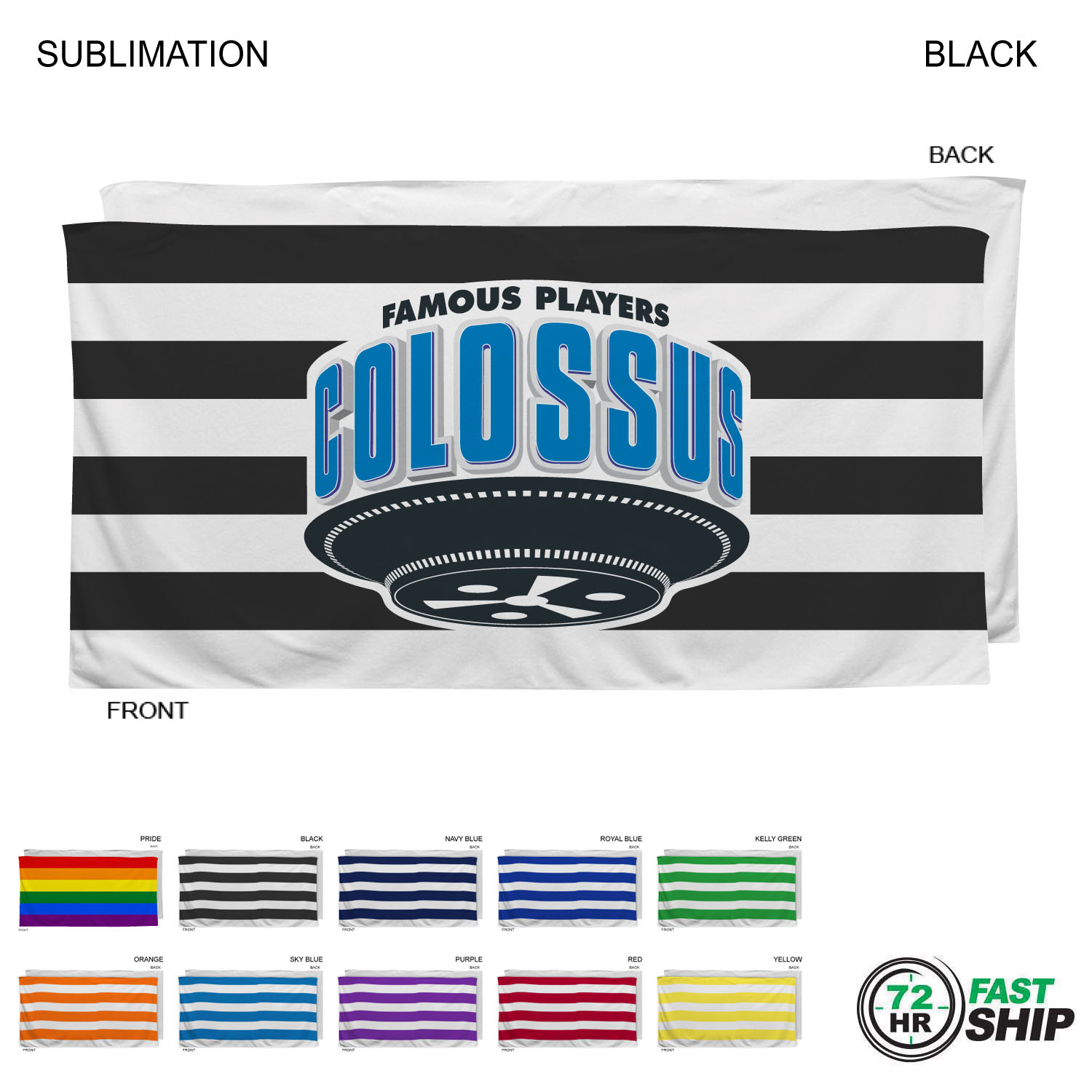 72 Hr Fast Ship - Cabana Stripe Sublimated, Heavier Weight, Plush Velour Terry Beach Towel, 30x60 12
