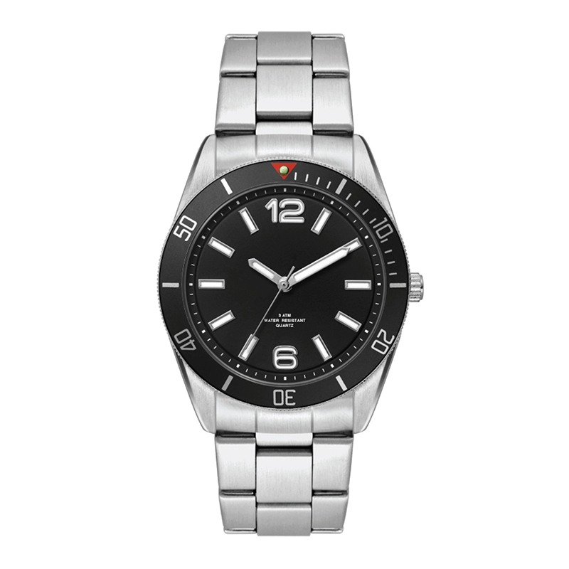 WC5187 22MM METAL MATTE SILVER CASE, 3 HAND MVMT, BLACK DIAL, BK ROTATING BEZEL, SILVER BRACELET, FLAT MINE 1