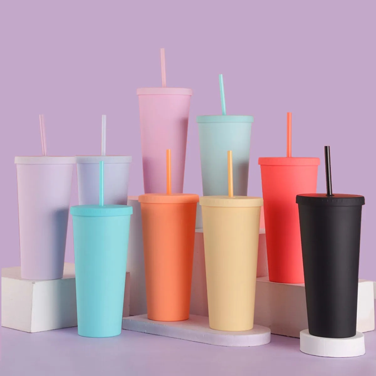 24OZ Candy Color Double-Layer Plastic Straw Cup with Lid 2