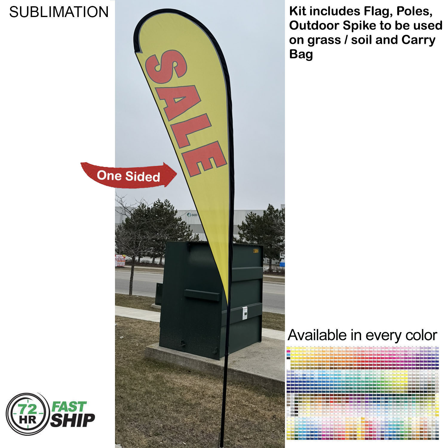 72 Hr Fast Ship - 13.5' Large Tear Drop Flag Kit, Full Color Graphics One Side, Spike and Bag. 11