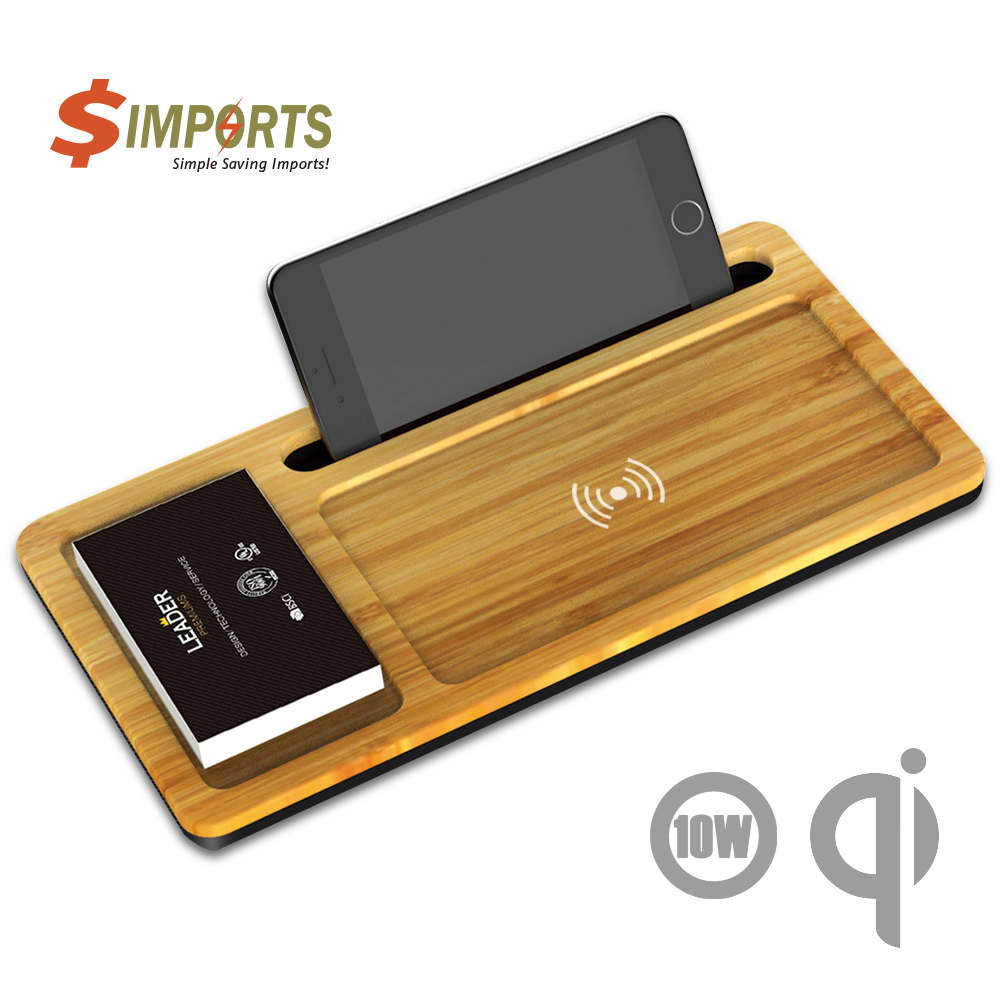Wizchark Bamboo 10W Qi Wireless Charger Desktop Organizer