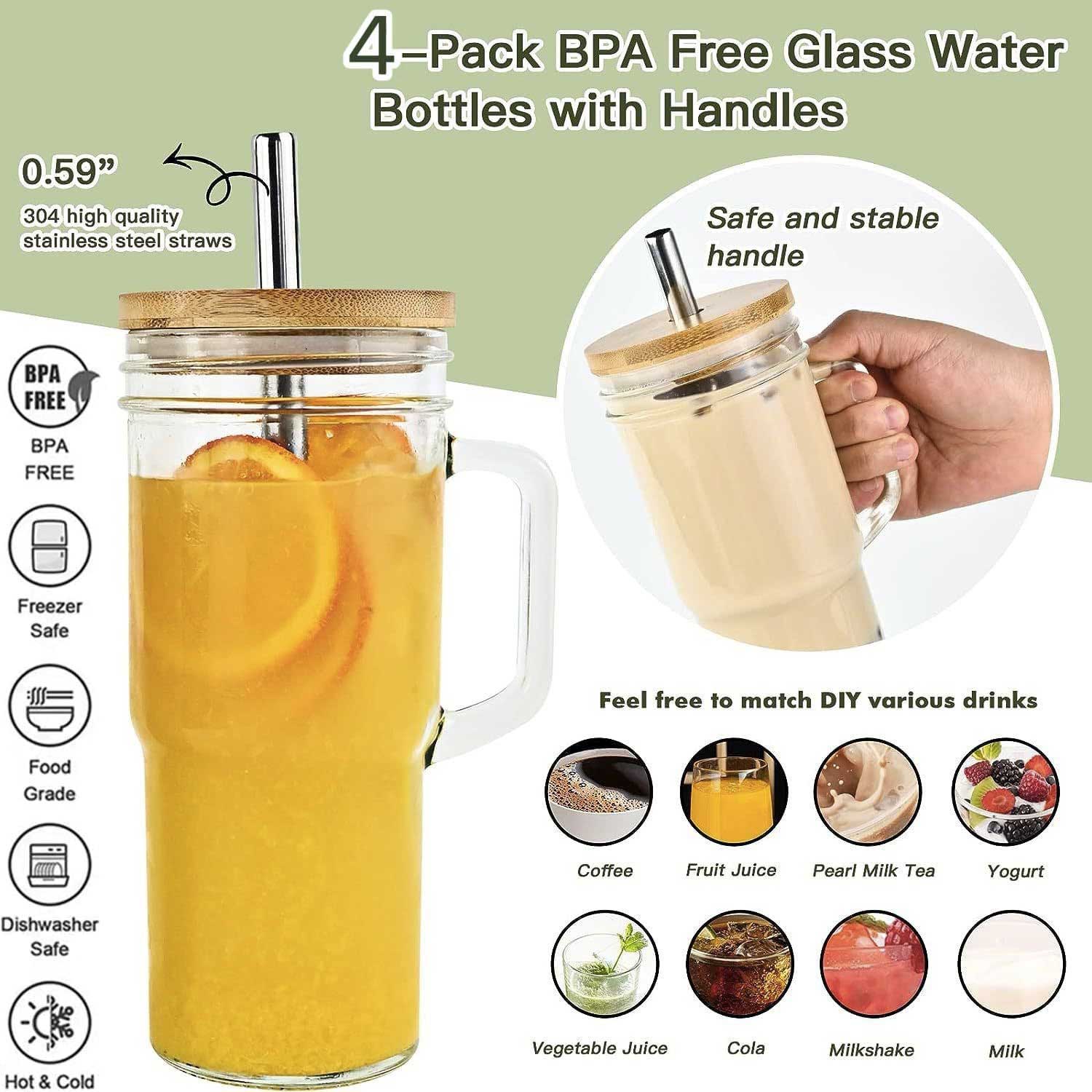 Bamboo-Lid Mason Jar - Glass Cup w/ Straw & Brush Set 5