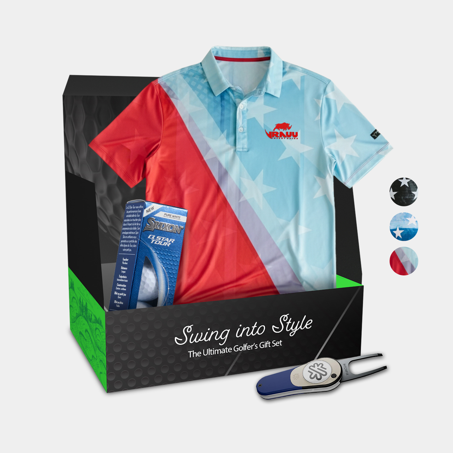 YATTA Golf® Patriot Men's Polo Shirt, Srixon® Golf Balls & Pitchfix® Icon Divot Tool Gift Set 3