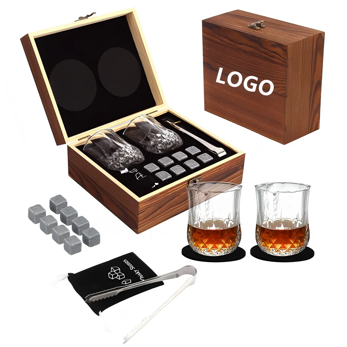 Custom Logo Whiskey Tumbler Gift Set with Stones and Wooden Box Bulk Order 1