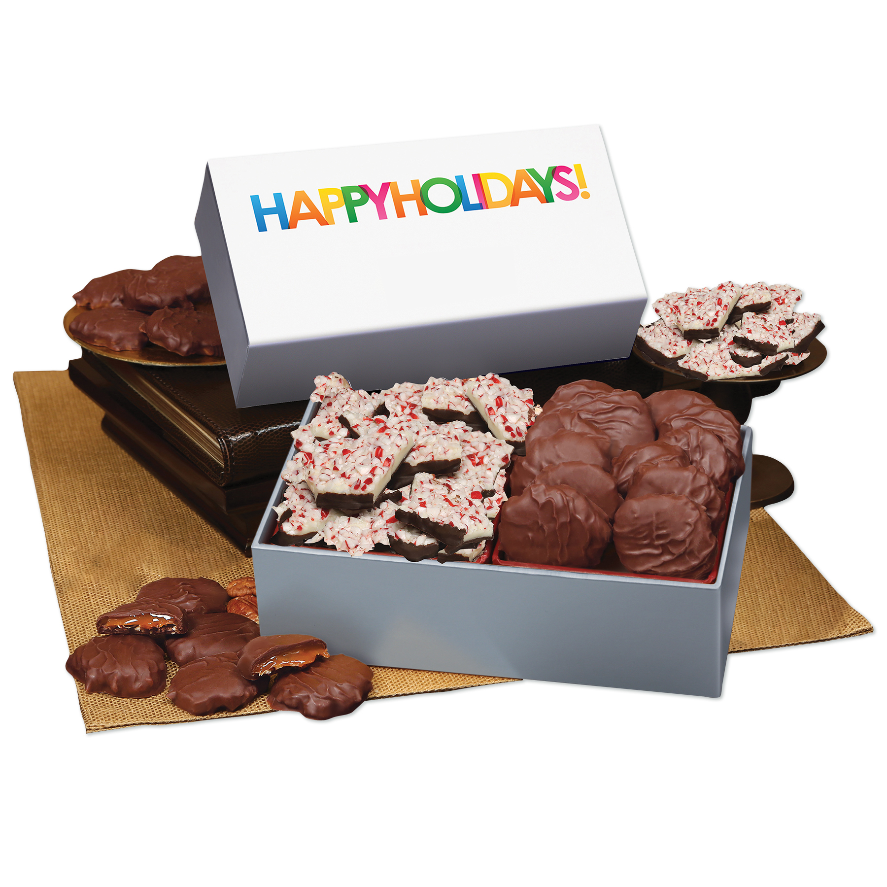 Peppermint Bark & Pecan Clusters in Gift Box with Happy Holidays Sleeve 2