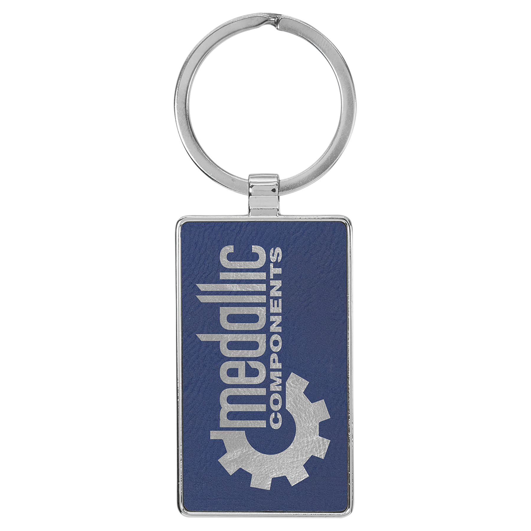 2 3/4" x 1 1/4" Leatherette/Metal Blue/Silver Rectangle Keychain 2
