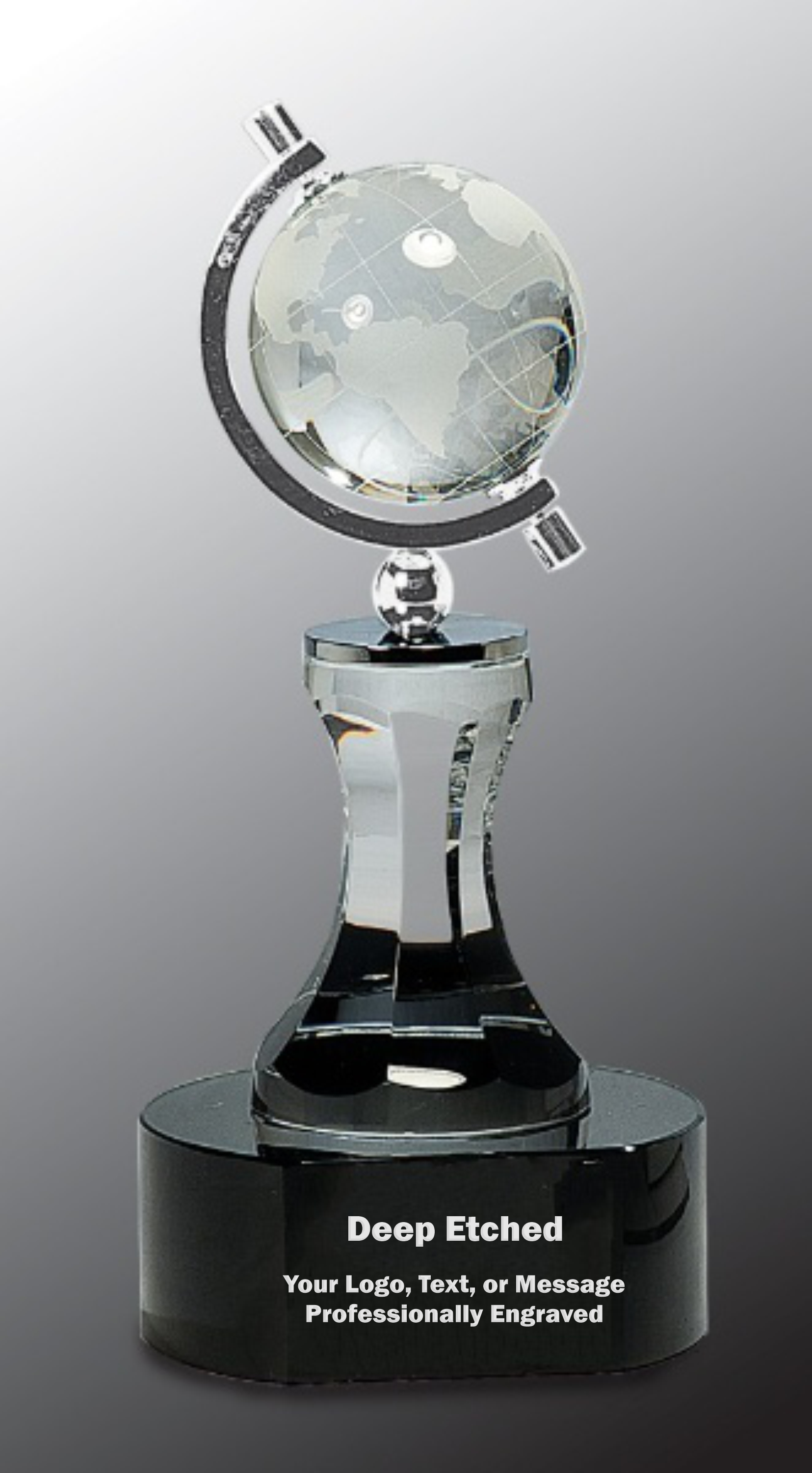 8 1/2" Crystal Spinning Globe with Clear Tower on Black Base Crystal Award