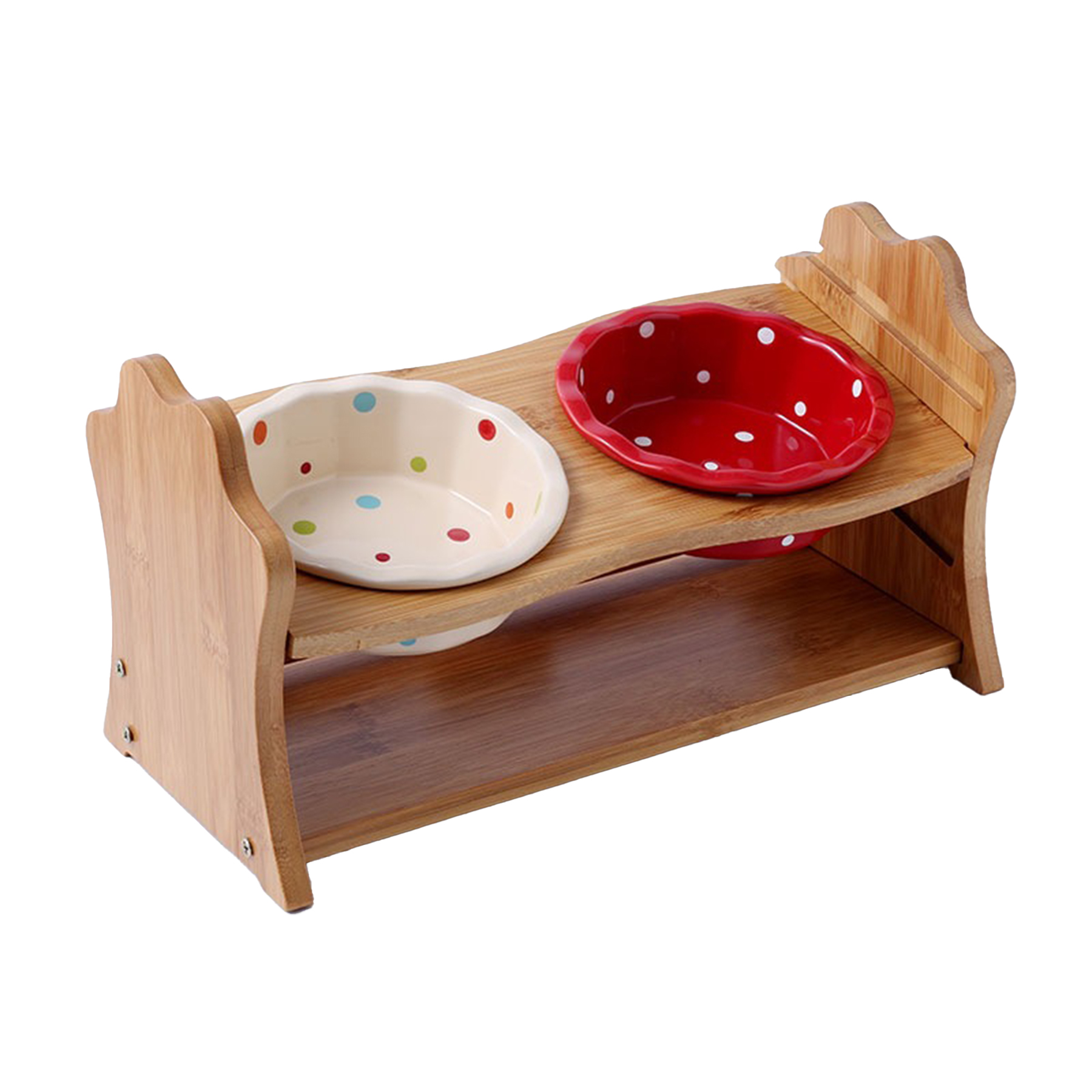 Ceramic Double Cat Bowl With Wooden Frame 3