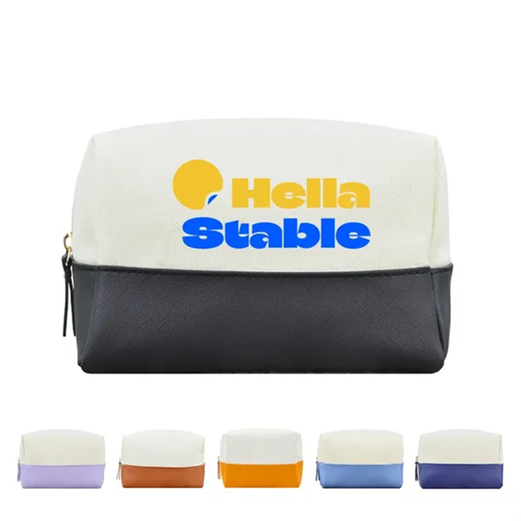 Color-Blocked Canvas and PU Leather Cosmetic Bag 2