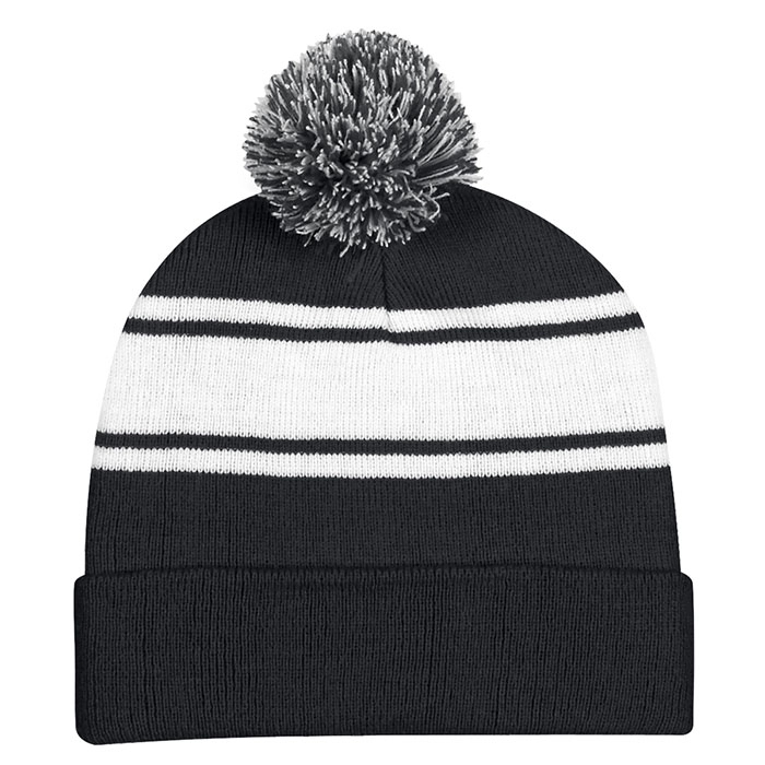Two-Tone Knit Pom Striped Beanie With Cuff 3