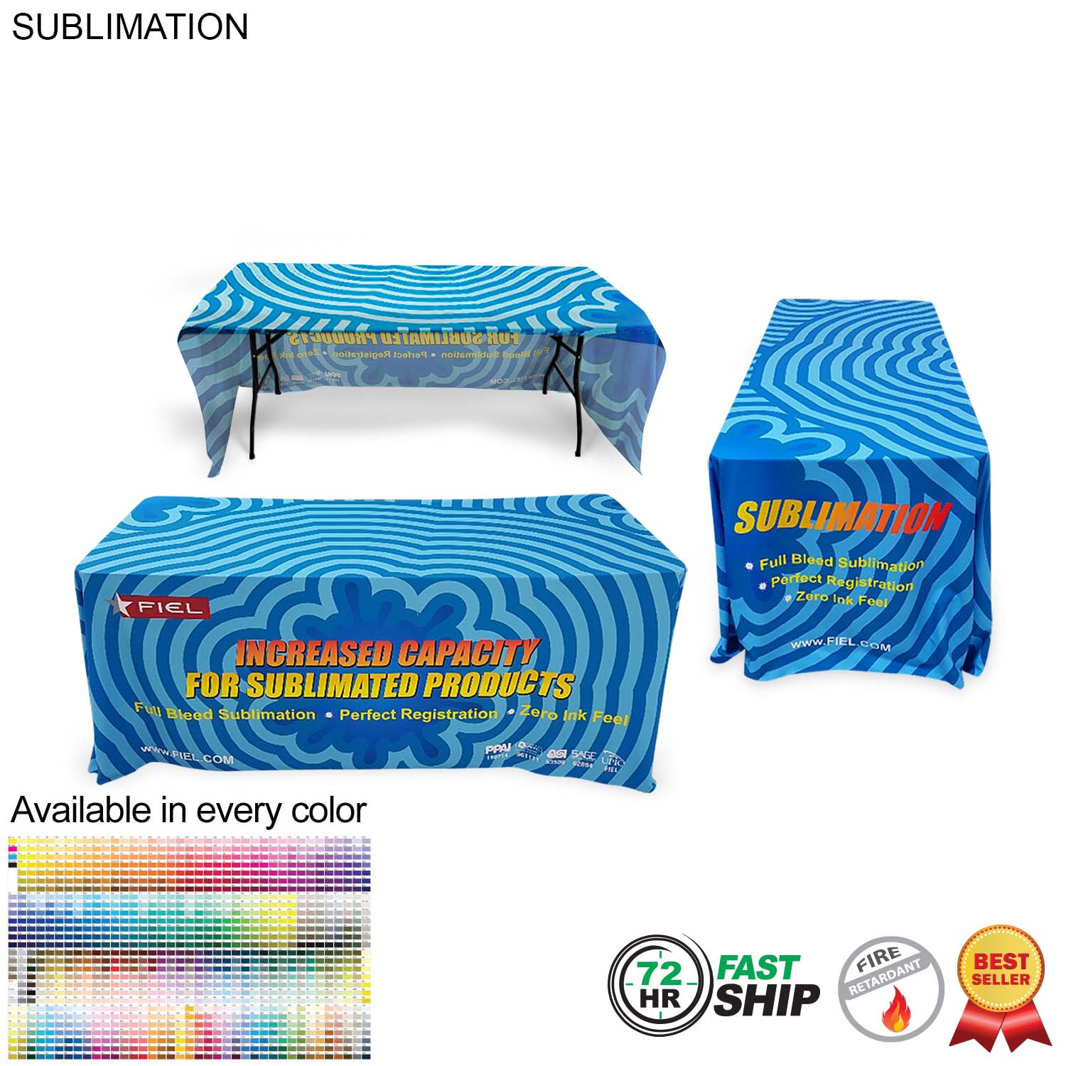 72 Hr Fast Ship - Sublimated Table Cloth for 6' Table, Drape Style, 3 sided, Open Back 6