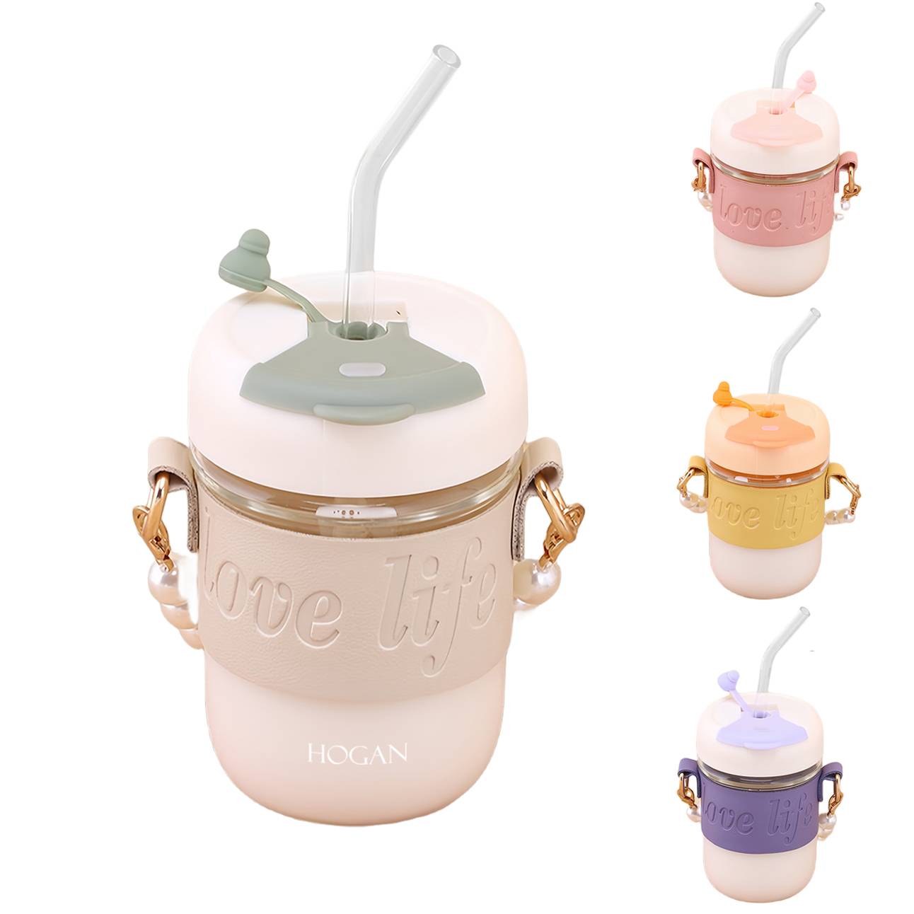 Single glass straw water bottle with pearl handle