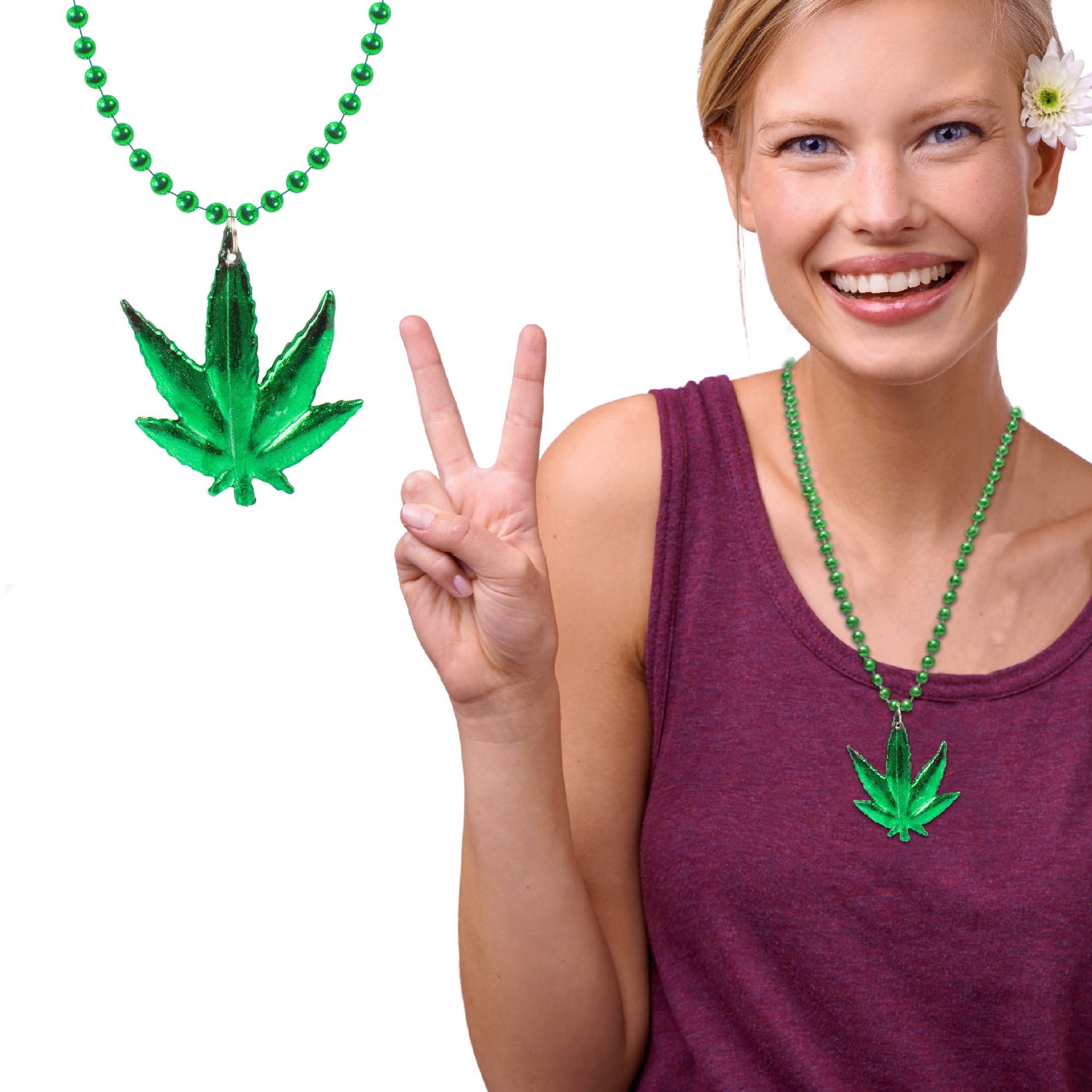 33" 7MM Green Bead with Leaf Metallic Necklace