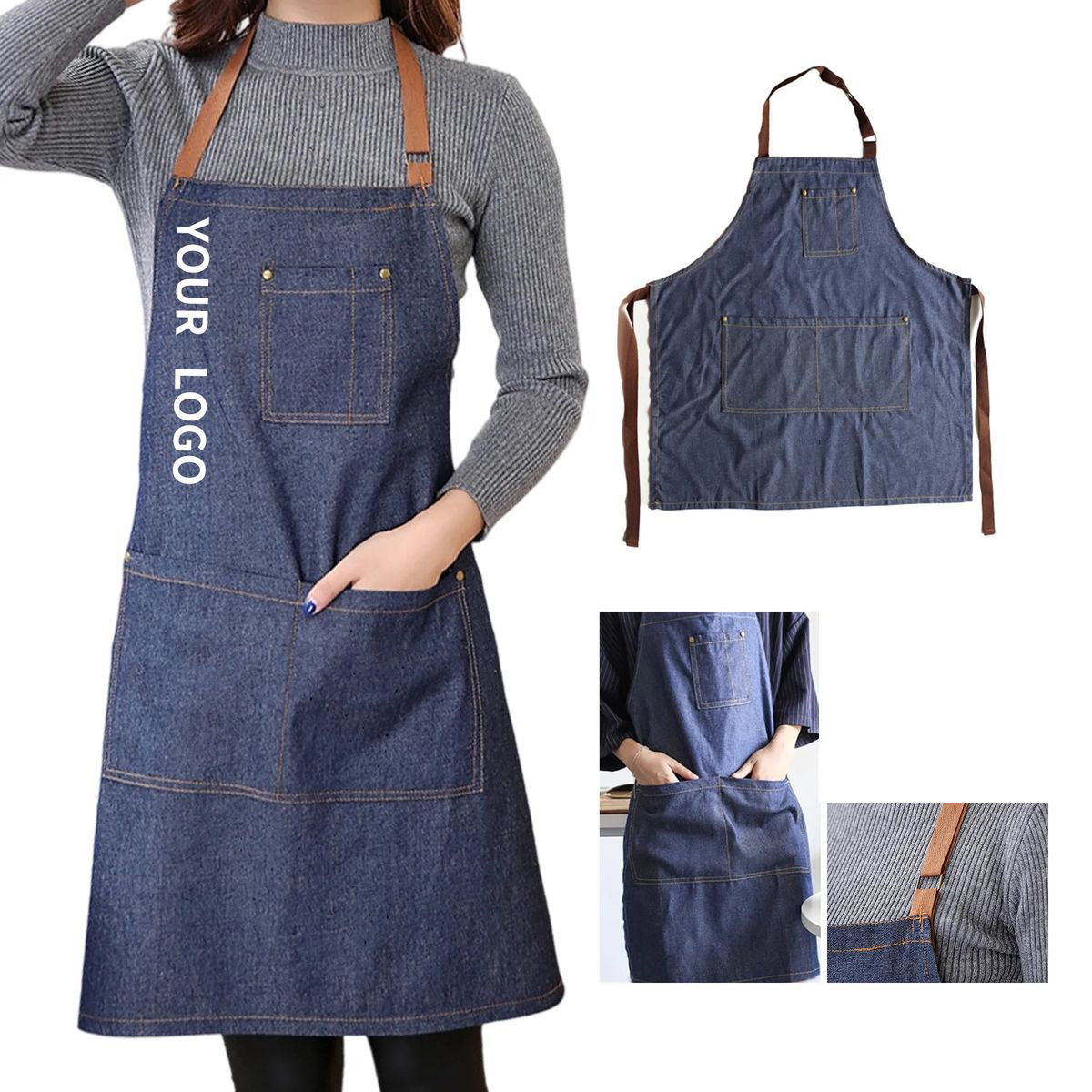 Denim Kitchen Apron with Storage Compartments 3