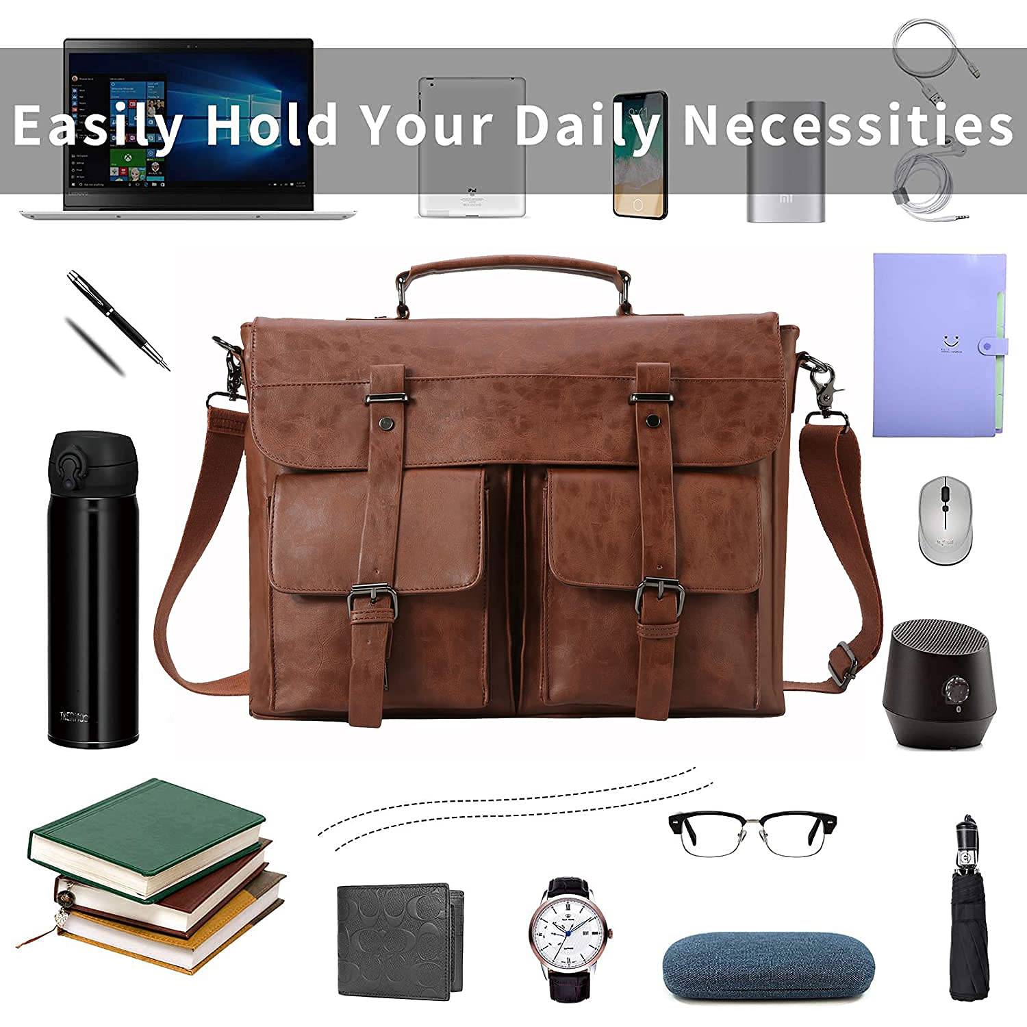 17.3 Inch Vintage PU Leather Laptop Bag Briefcase Satchel 3
