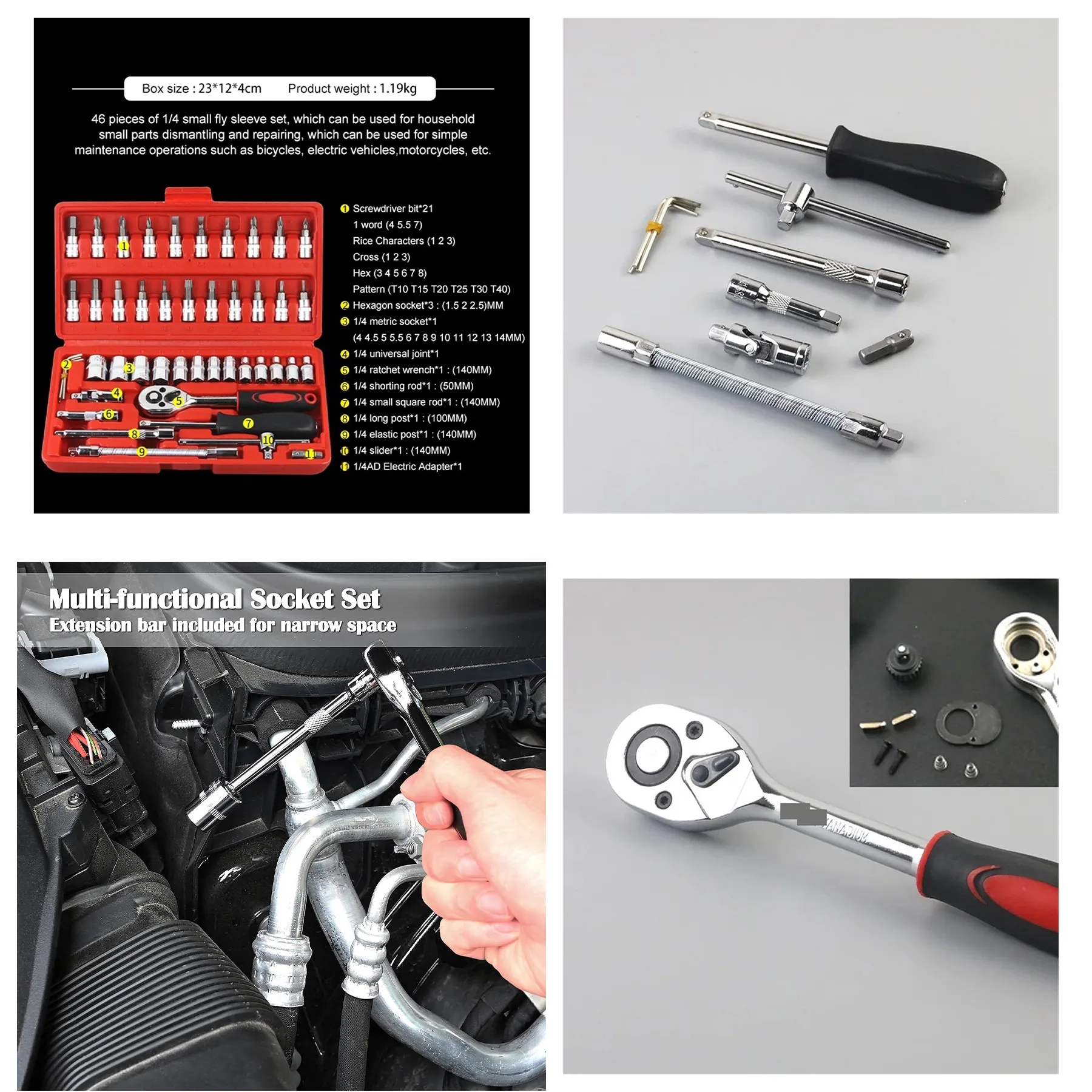 46 Pieces 1/4 inch Drive Socket Ratchet Wrench Set 3