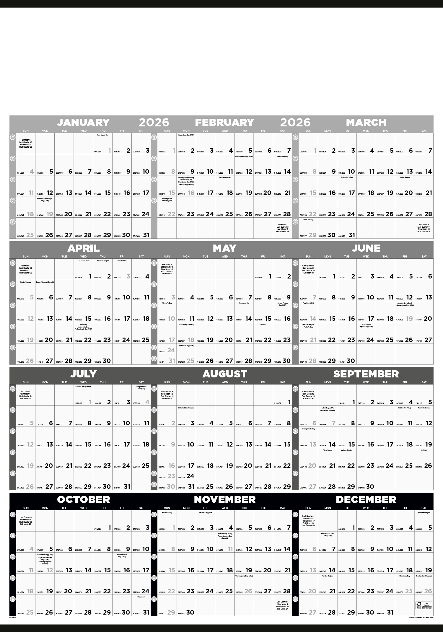 Triumph® Calendars Black & White Time Management Span-A-Year Non-Laminated Calendar