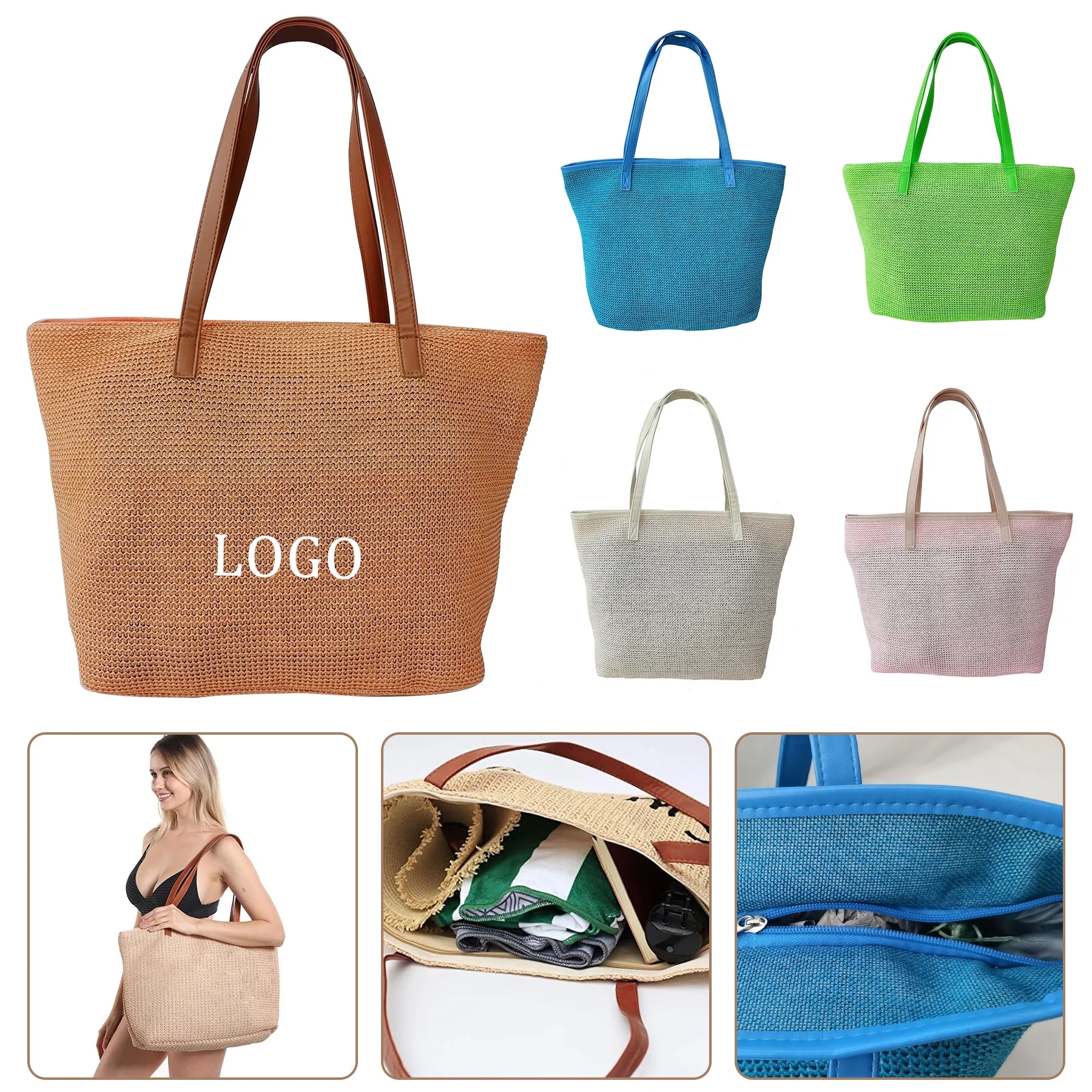 Large Women Straw Beach Bag, custom tote bag with logo imprint 2