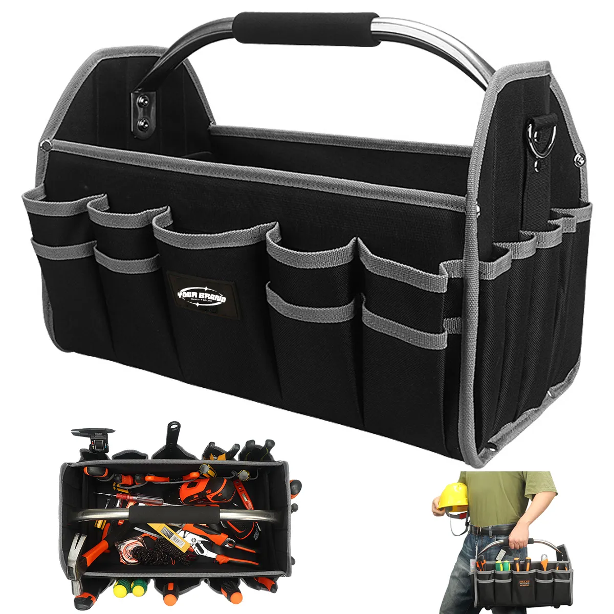 Open Top Tool Tote Bag Organizer with Handle Carrier, custom tote bag with logo imprint 2