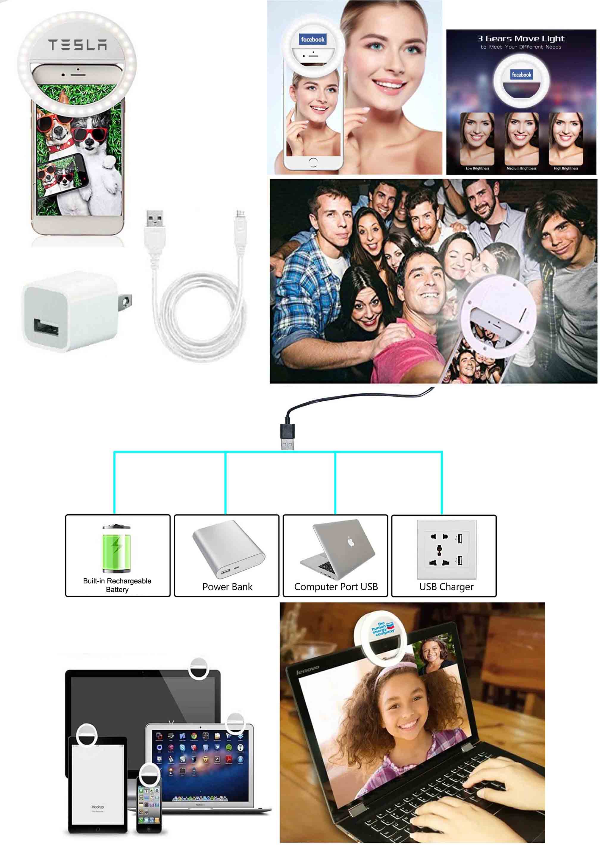 iBank ® Clip On Selfie Ring Light (3-Ft Charging Cable + USB Wall Charger Included) 3
