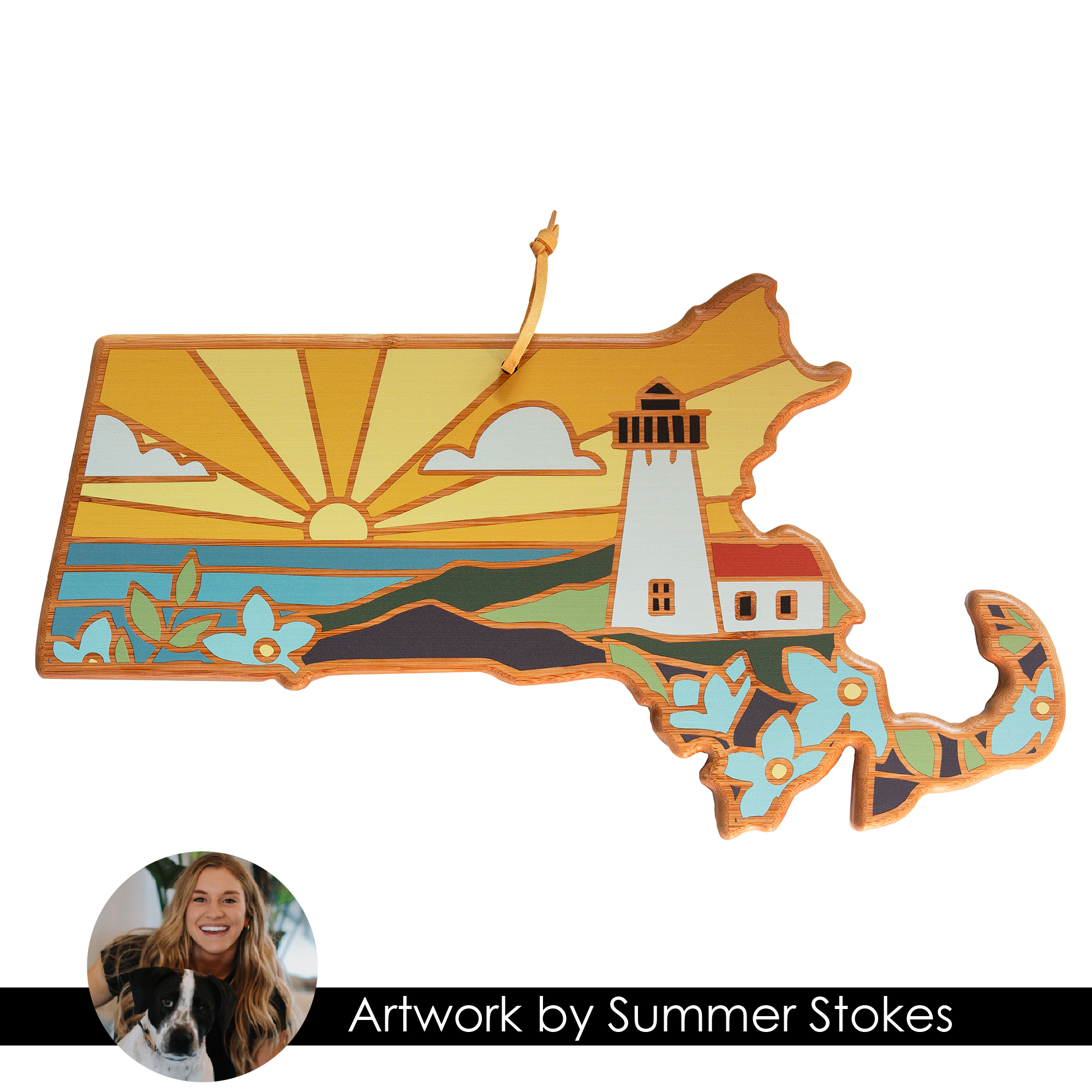 Massachusetts State Shaped Serving and Cutting Board with Artwork by Summer Stokes 3