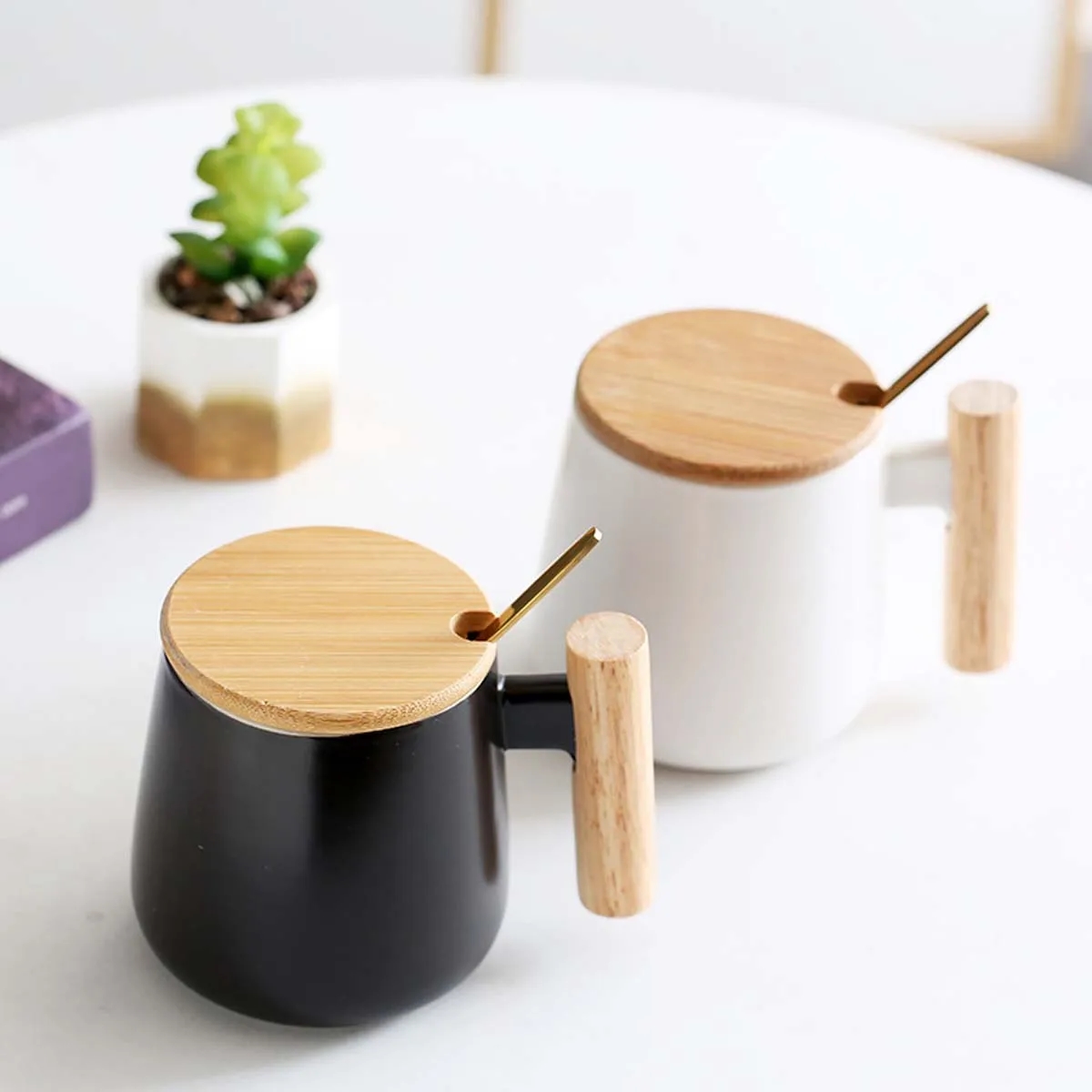 12oz. Ceramic Wooden Handle Tea cup Lid Spoon Coffee Mug 7