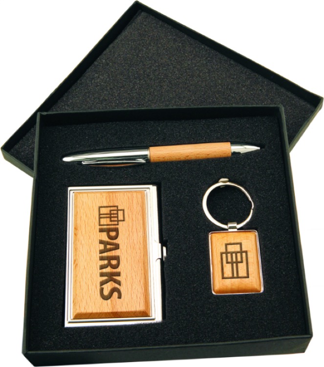 Silver/Wood Finish Gift Set with Business Card Case, Pen & Keychain 1