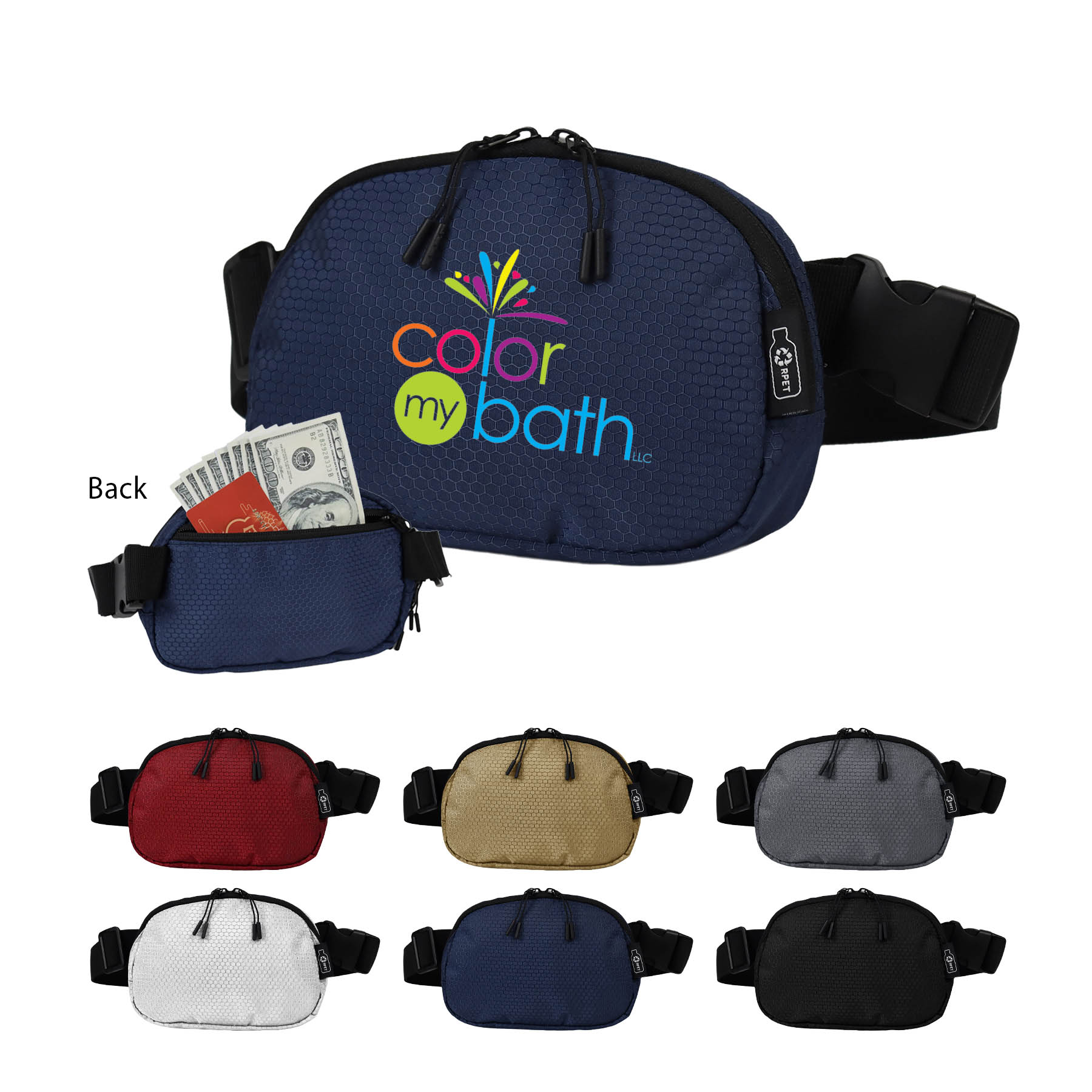 Water-Resistant 100% RPET 420D PU layer Belt Bag w/Adjustable Strap 12