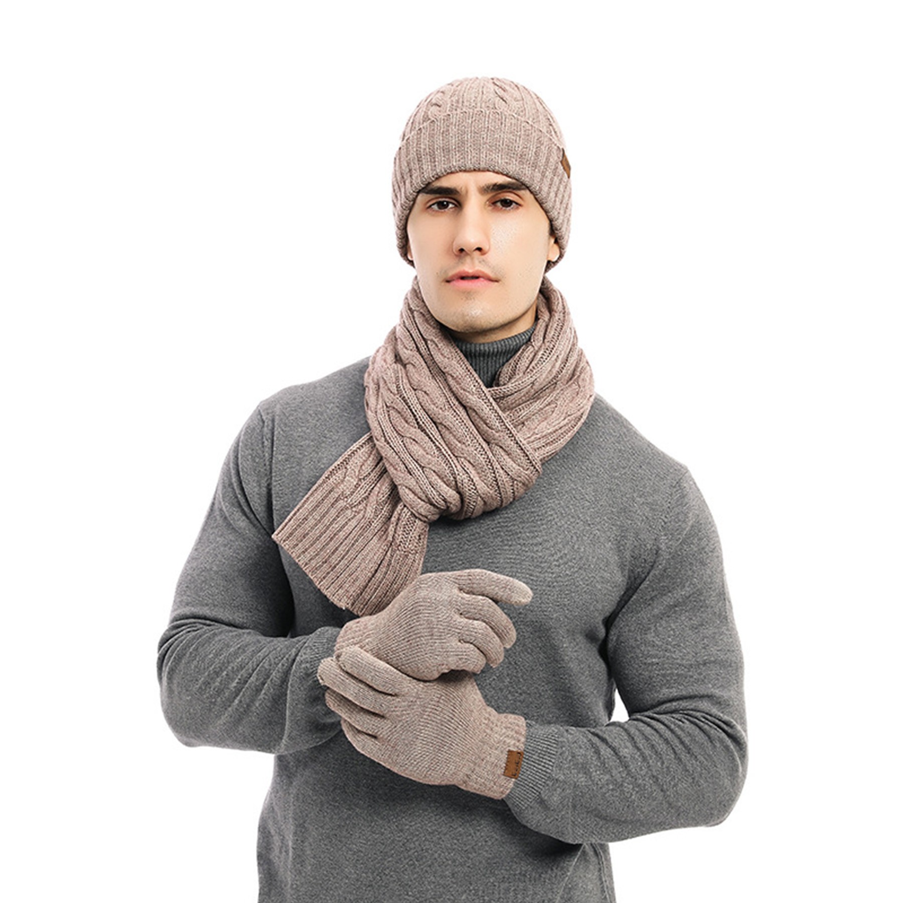 3PC Twist Pattern Wool Cashmere Beanie Scarf Gloves Set 5