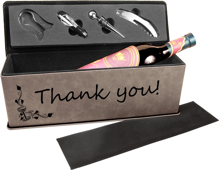 Leatherette Single Wine Box With Tools - Gray/Engraves Black