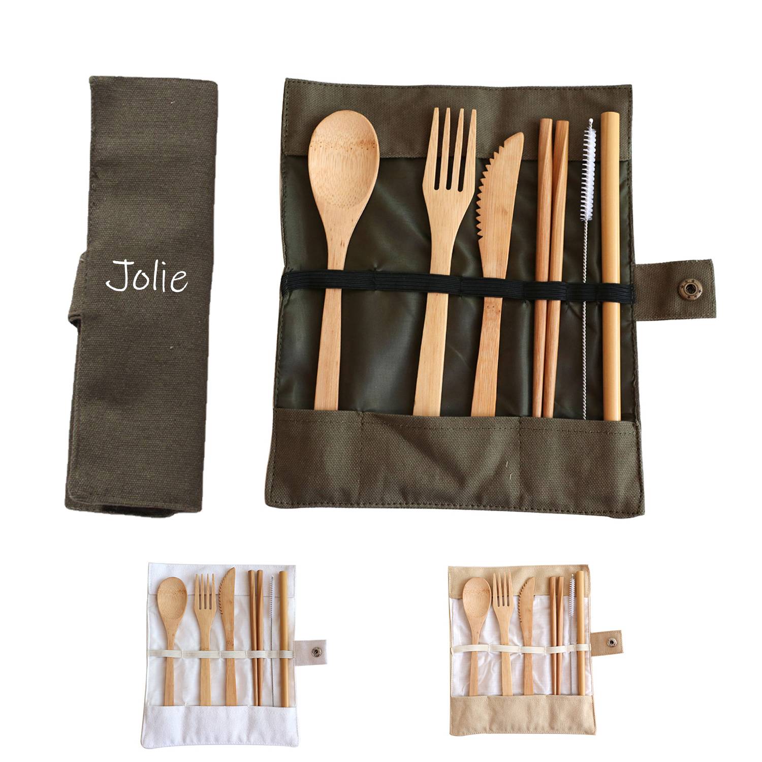 Outdoor Bamboo Travel Cutlery Set With Canvas Bag 1