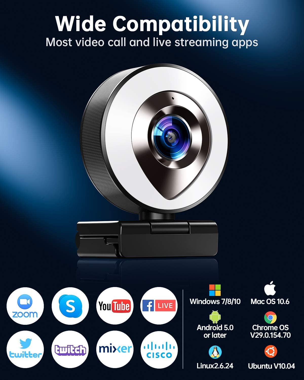 1080P HD Webcam Built in Touch Adjustable Ring Light Camera 4