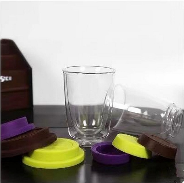 Double Wall Glass Cup w/ Colorful Silicone Lid 12 oz 6