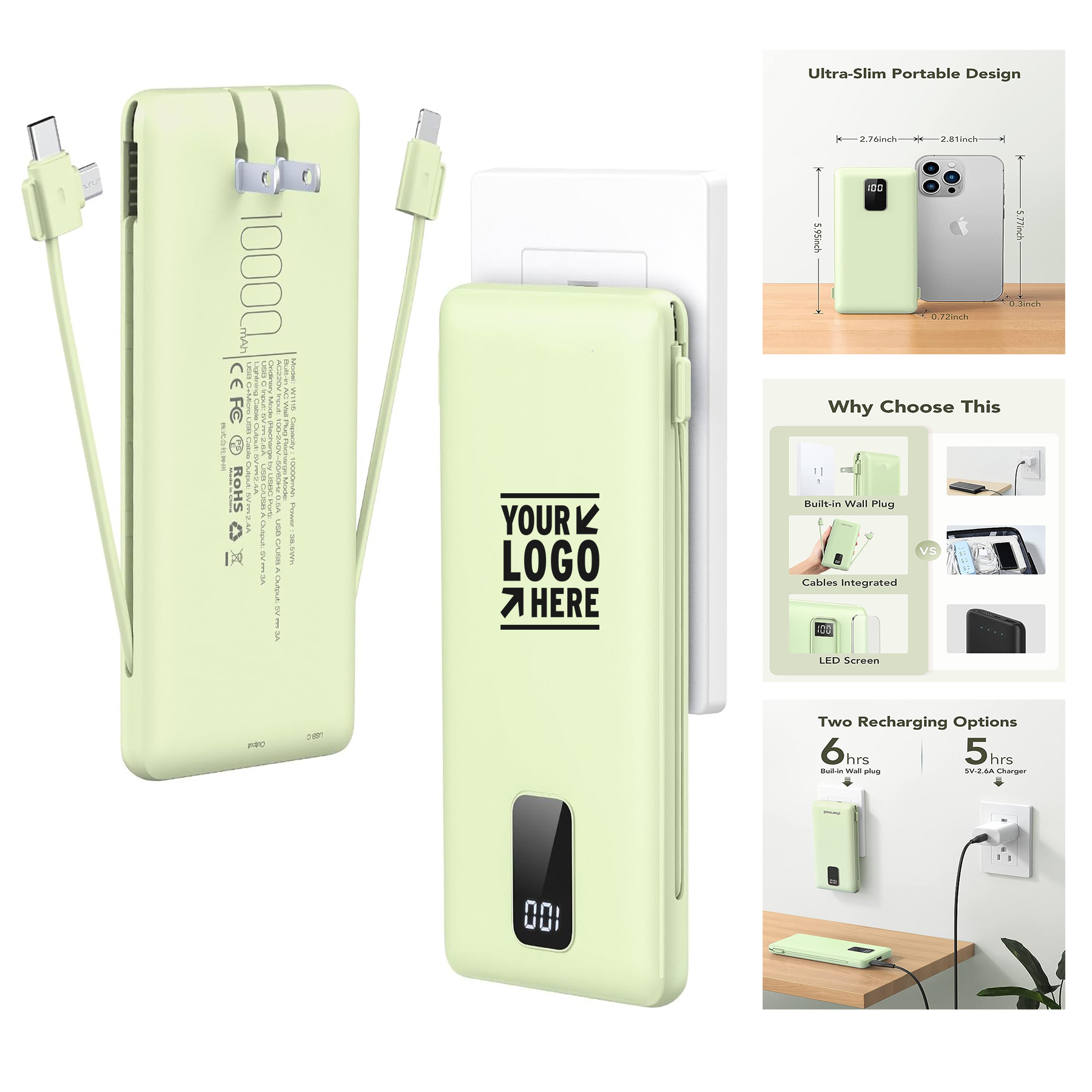 10000mAh Built-in Cable AC Wall Plug Portable External Battery Pack Charger Ultra Slim Power Bank