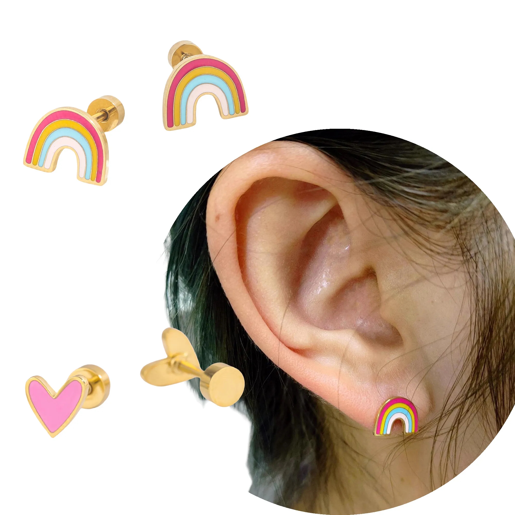 Heart Rainbow Flower Enamel Oil Drop Stud Earrings MOQ10 2