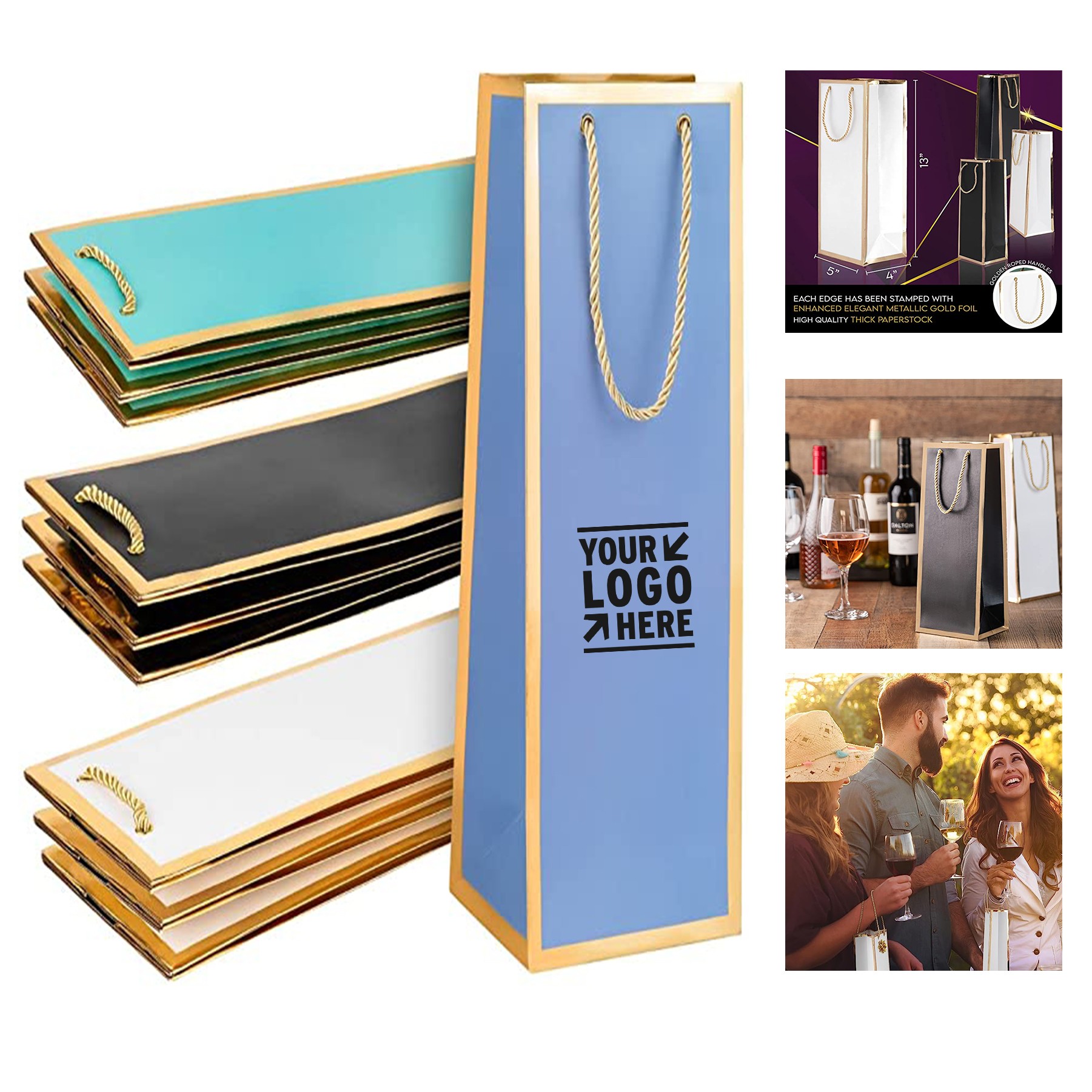 5 x 14 x 3 in Gold Foil Wine Bag with Rope Handle 2