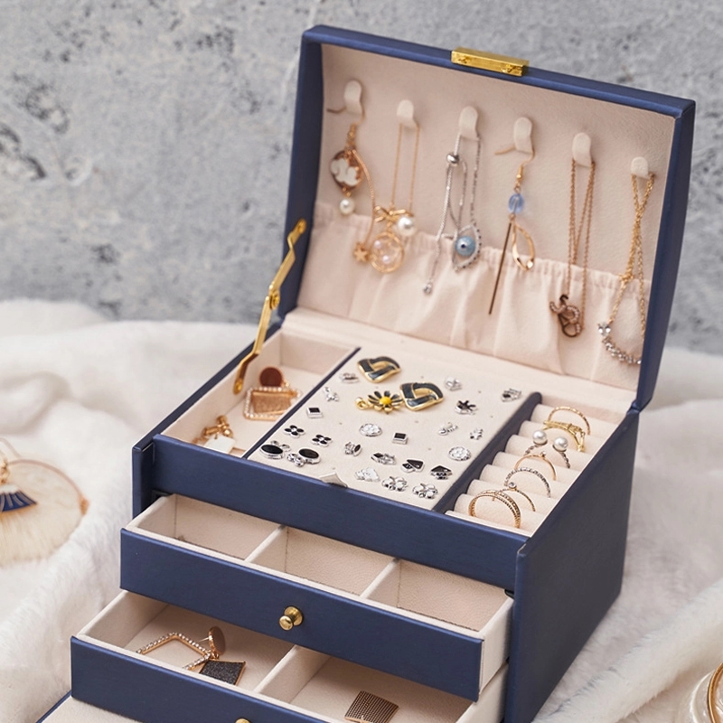 Custom 3-Layer PU Jewelry Organizer Box with Drawer & Handle 5