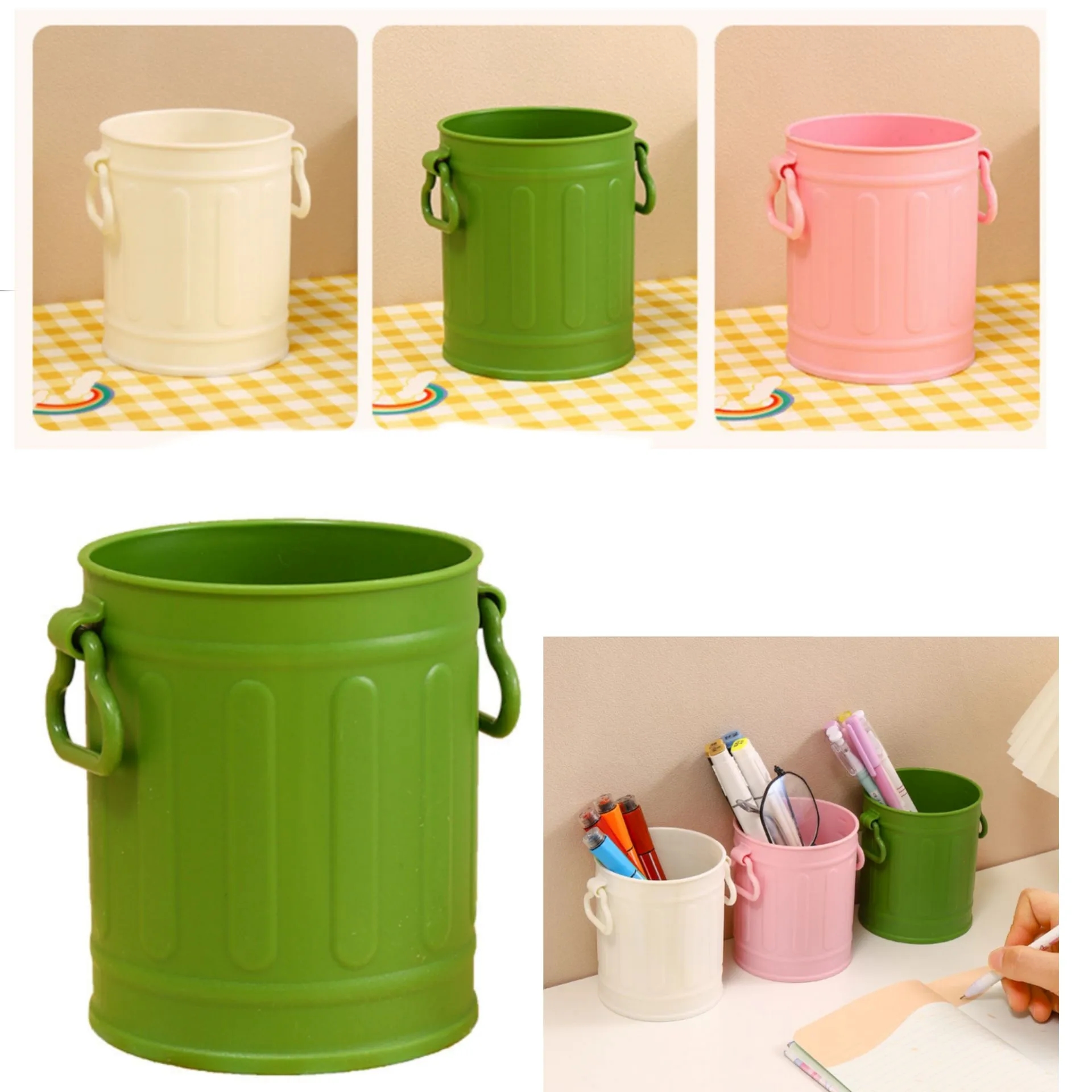Retro Iron Bucket Shaped Hangable Pen Holder Desk Organizer 3