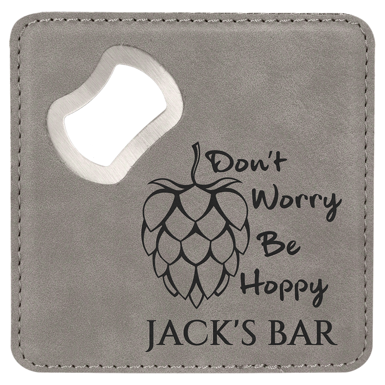 4" x 4" Square Gray Leatherette Bottle Opener Coaster 3