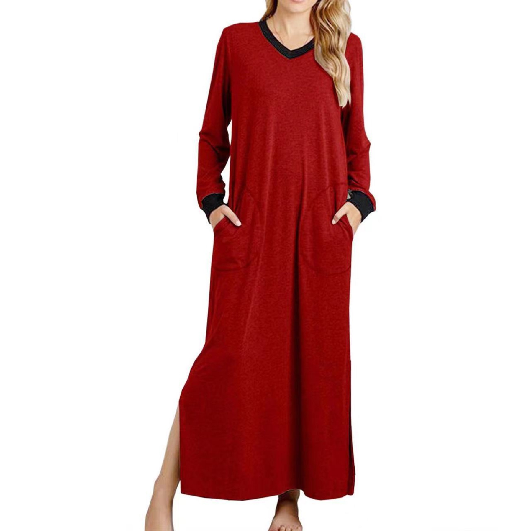 Womens Long Dress V Neck Nightshirts Side Slit 9