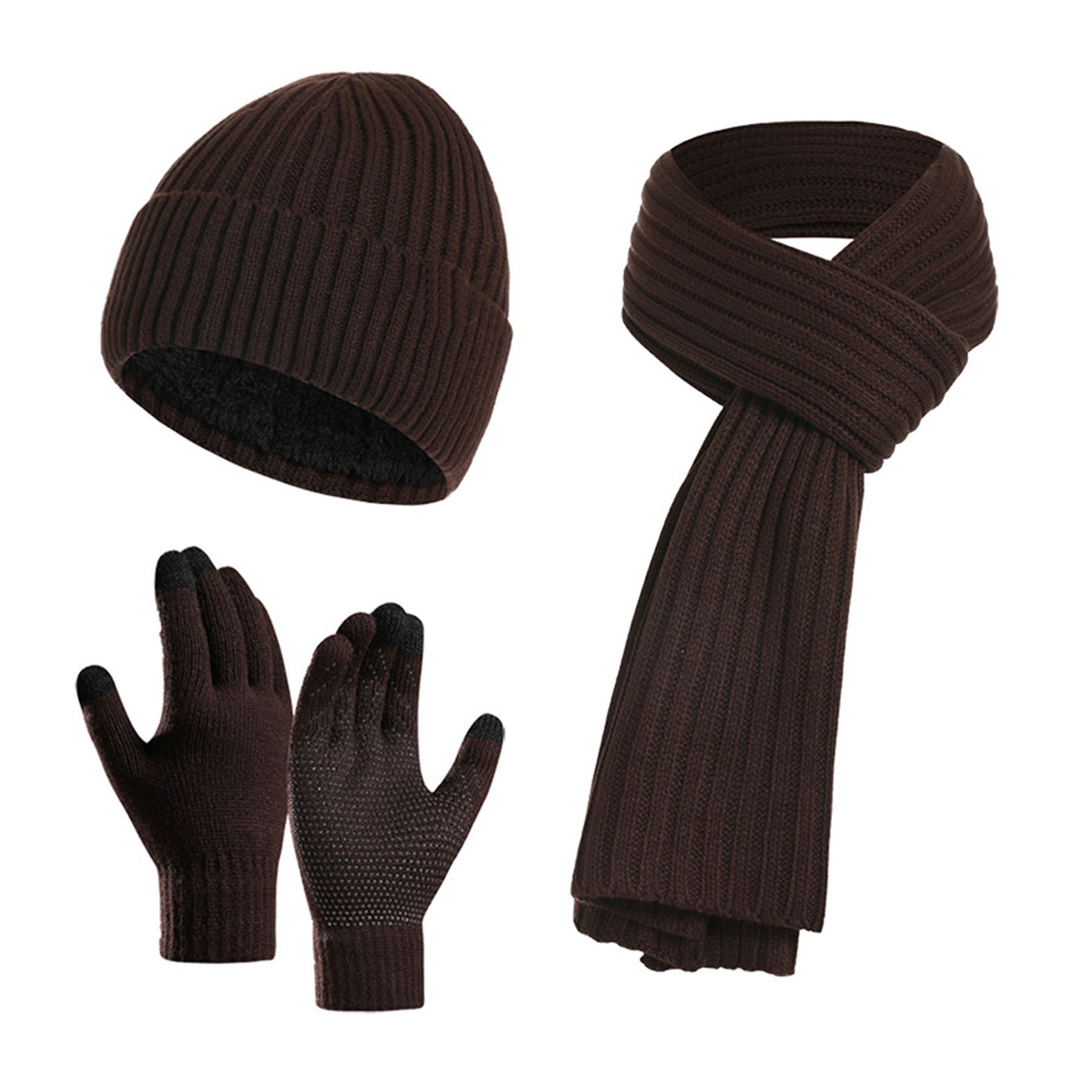Winter Knit Hat Beanie Long Neck Scarf Touchscreen Gloves Set 2