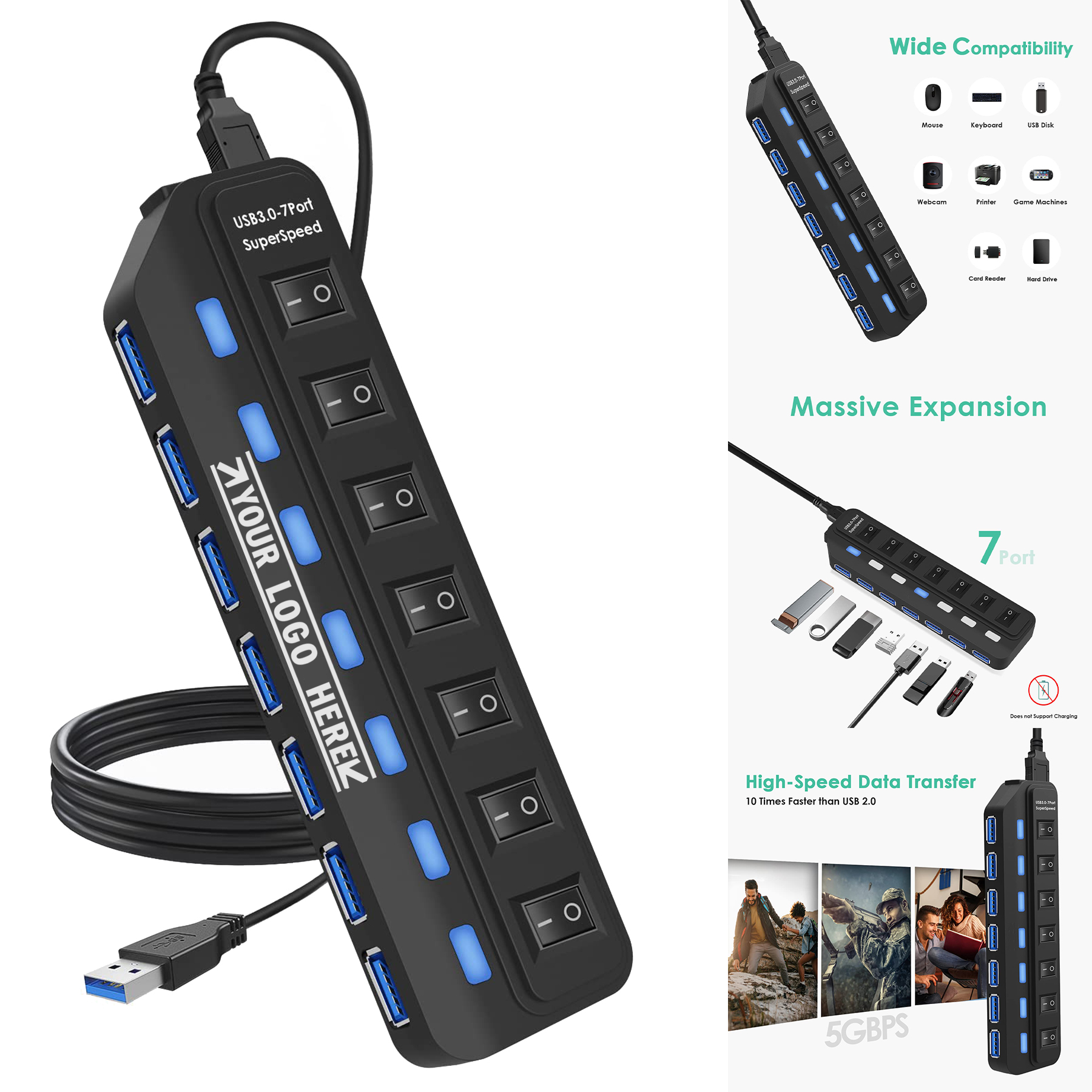 USB Hub 3.0,7-Port USB Hub USB Splitter With Individual LED Switches