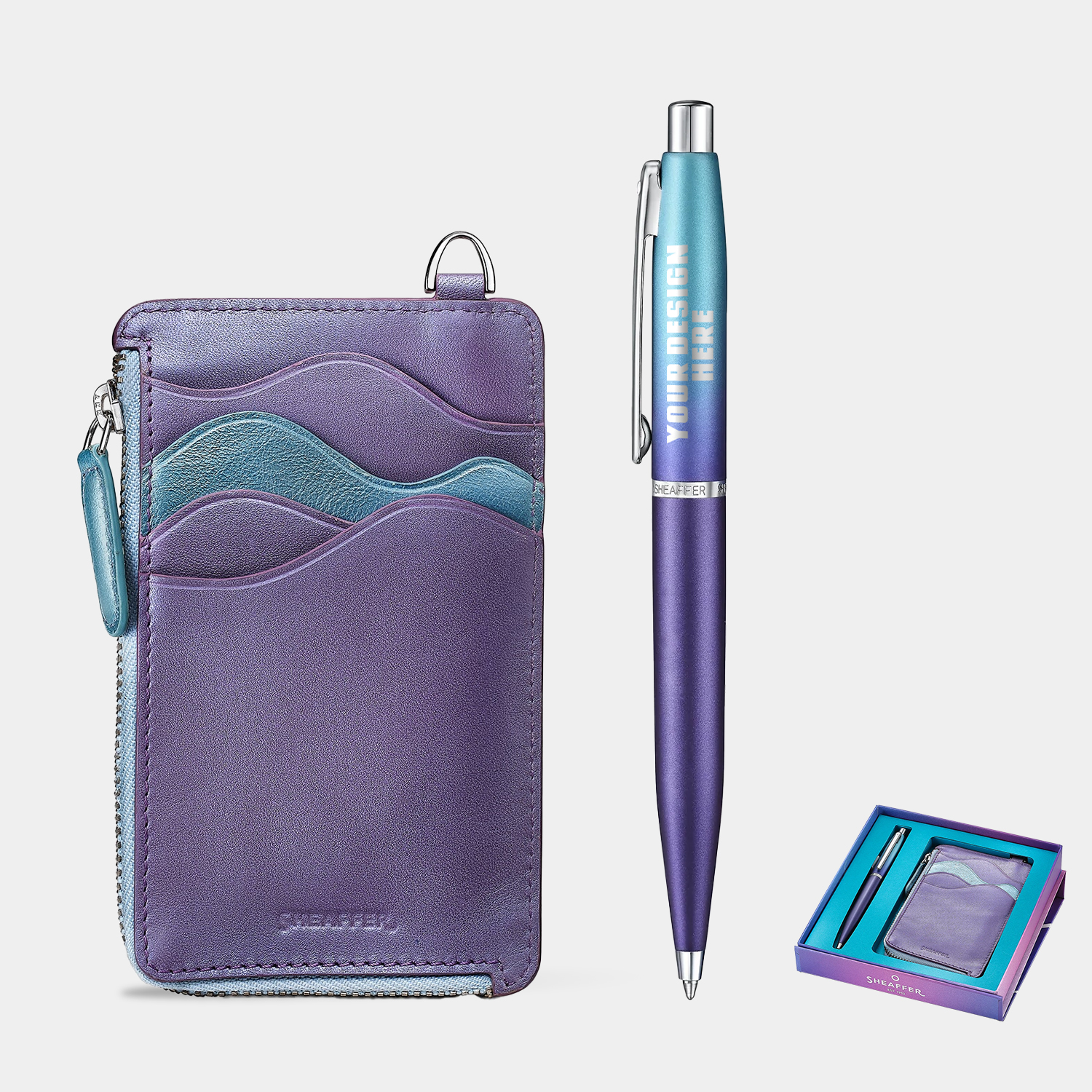 SHEAFFER® Executive Gift Set VFM 9430 Blue and Purple Pearlised Gradient Ballpoint Pen with Genuine Leather Card Case 1