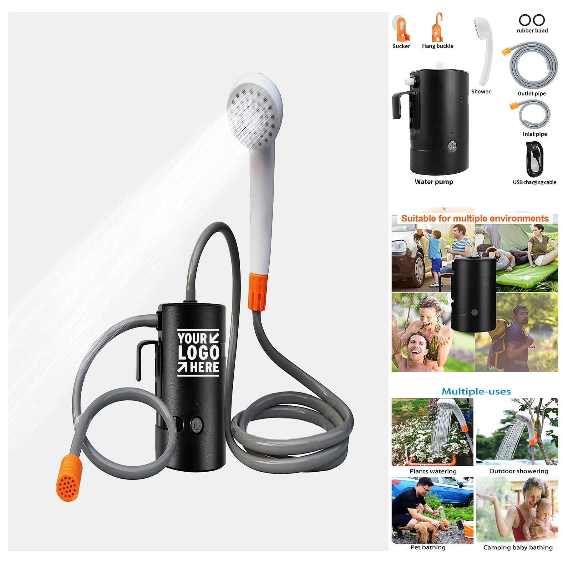 2 Flow Mode Portable 4400mAh Battery Powered IPX7 Waterproof USB Rechargeable Camping Shower Pump