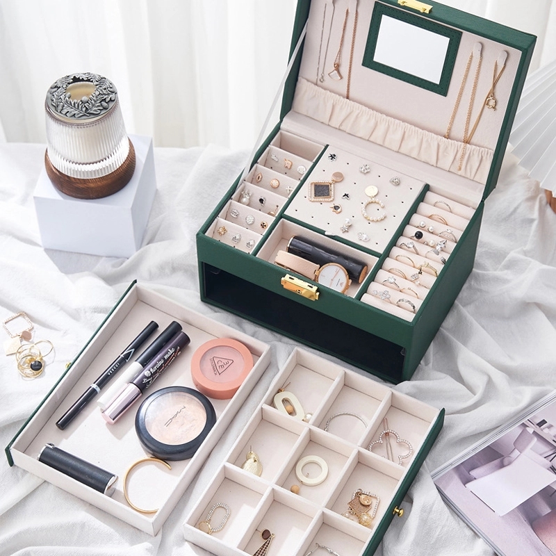 Custom 3-Layer PU Jewelry Organizer Box with Drawer & Mirror 5
