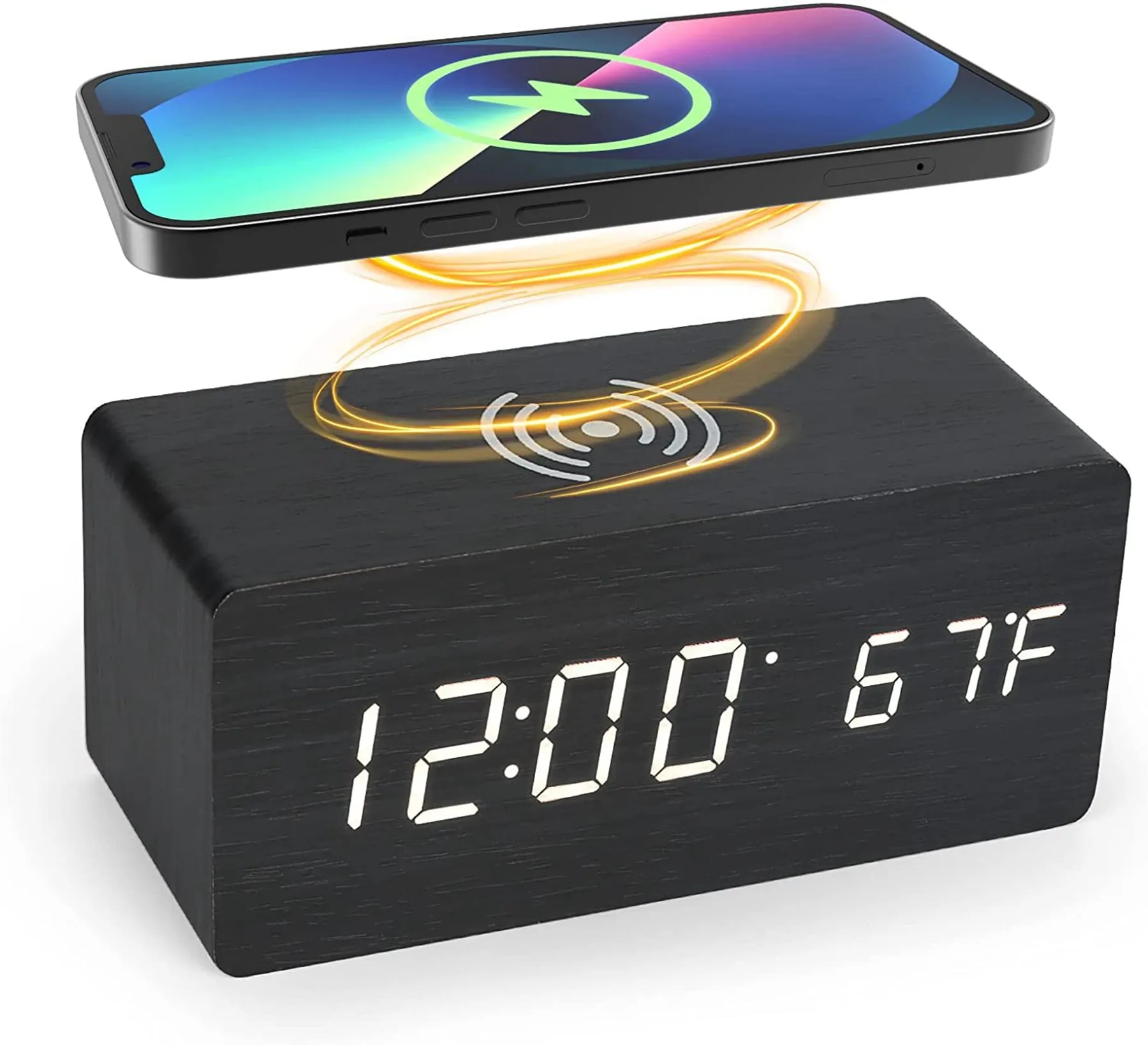 5W Wooden Qi Fast Wireless Charger with Digital Led Clock 4