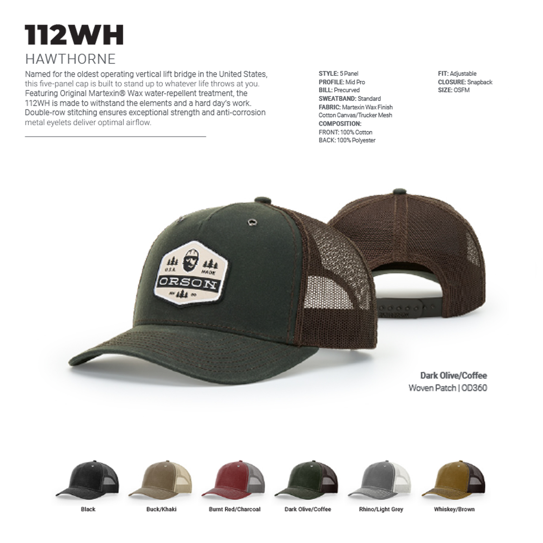 Richardson 112WH Hawthorne Adjustable Trucker Hat w/ Embroidery 1