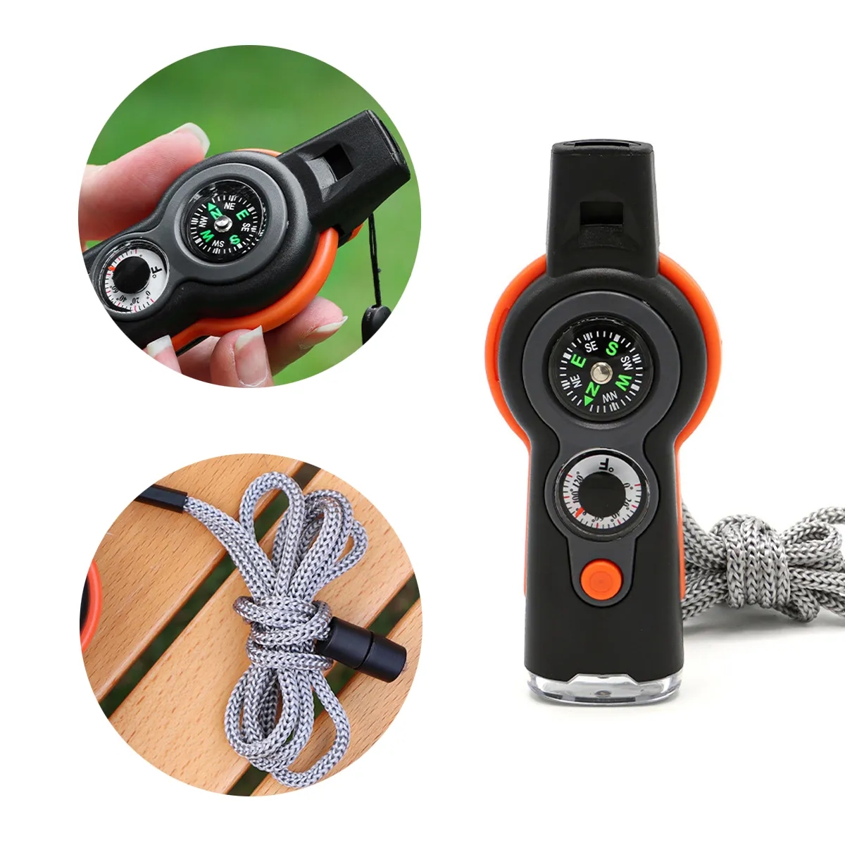 7-in-1 Survival Whistle With LED, Compass, Thermometer 2